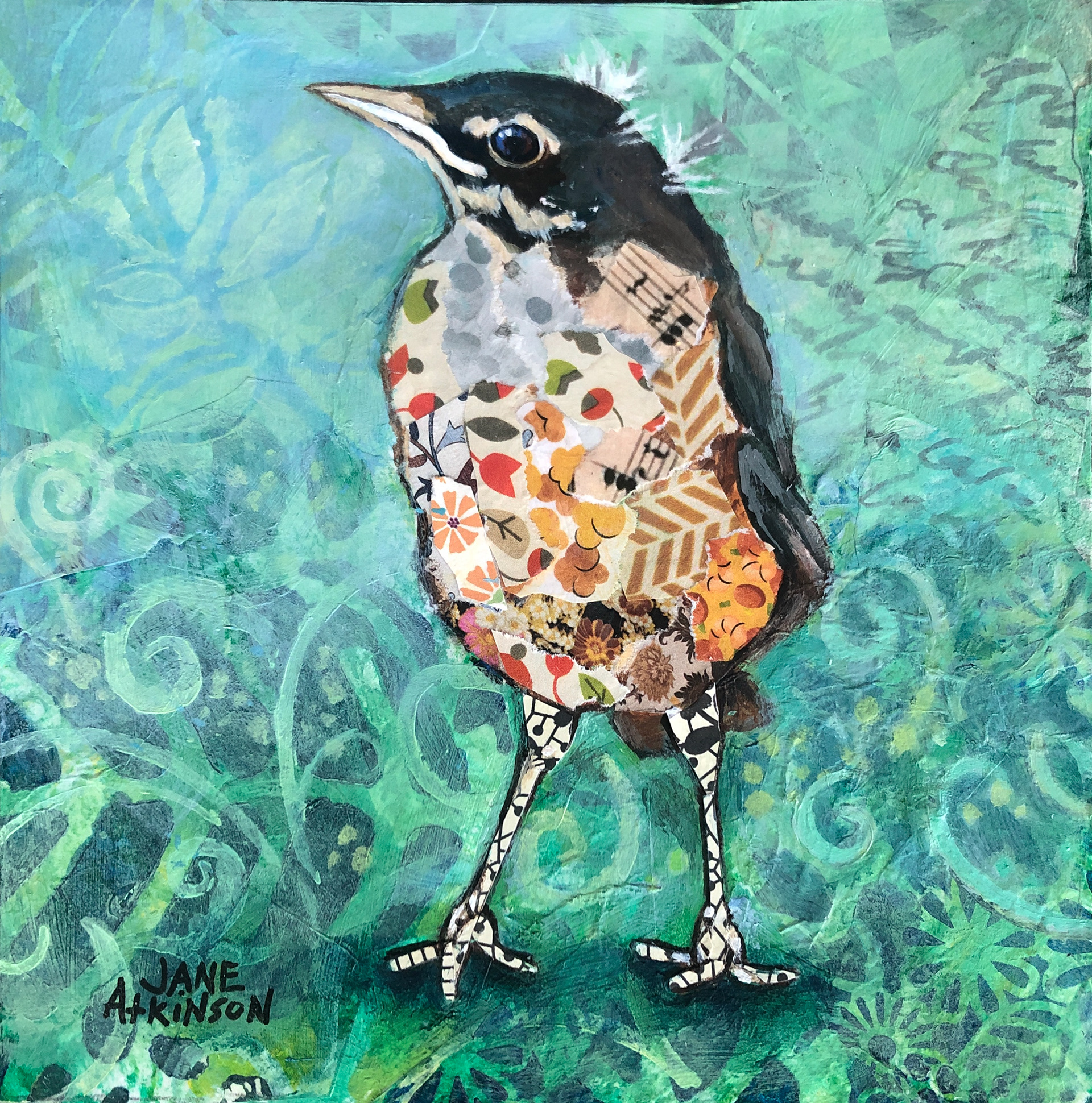 Robin Fledgling #1, 6"w x 6"d x 1.5"d, (Miniature) Mixed Media mounted on cradled board, $90.00
