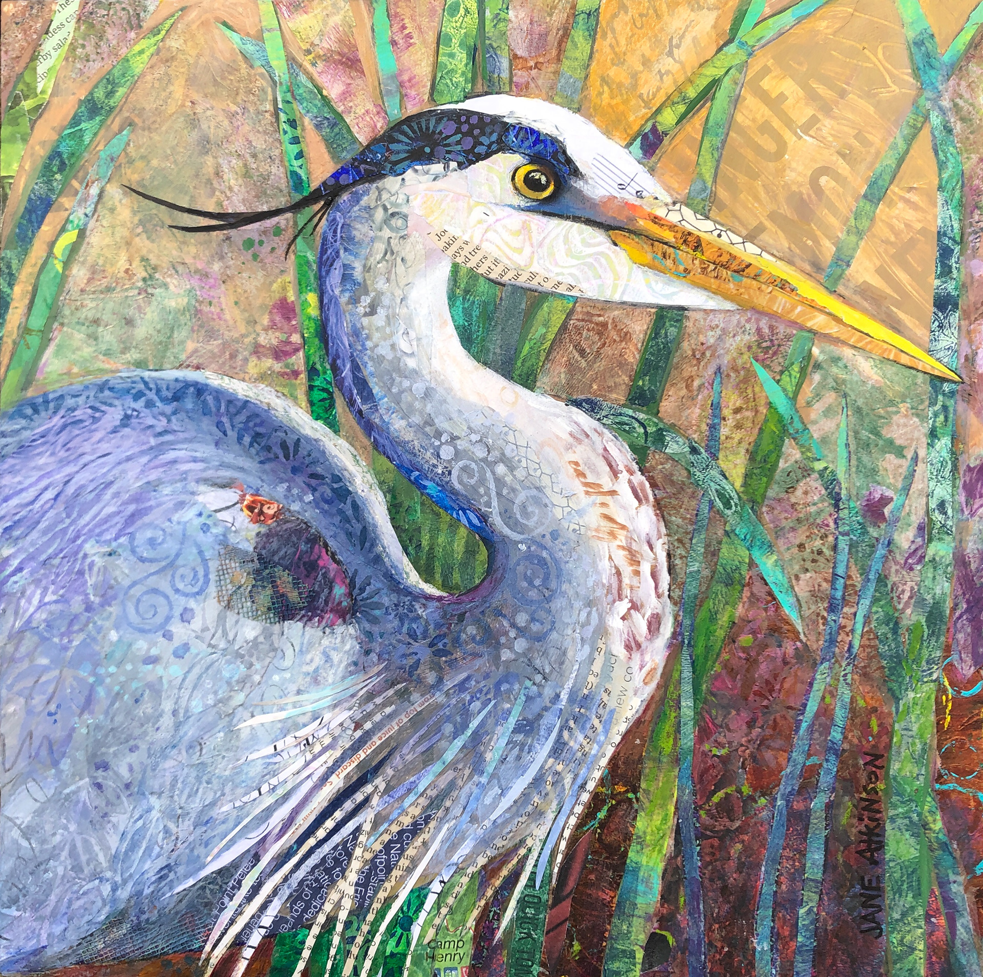 Point Pelee Blue Heron, 12" x 12" x 1.5"deep, Mixed Media on Gallery Depth Cradled Board, $350.00