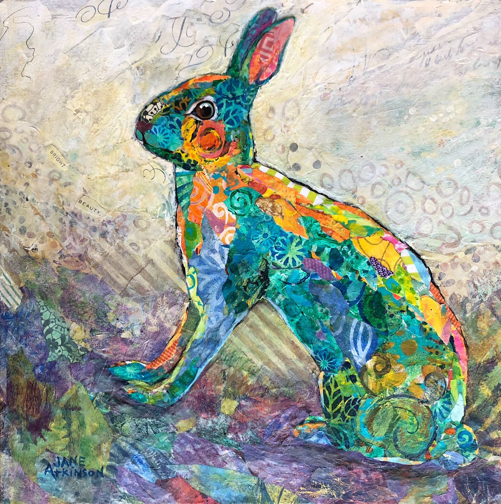 Bright Beauty, 12" x 12" x 1.5"deep, Mixed Media on Gallery Depth Cradled Board, $350.00