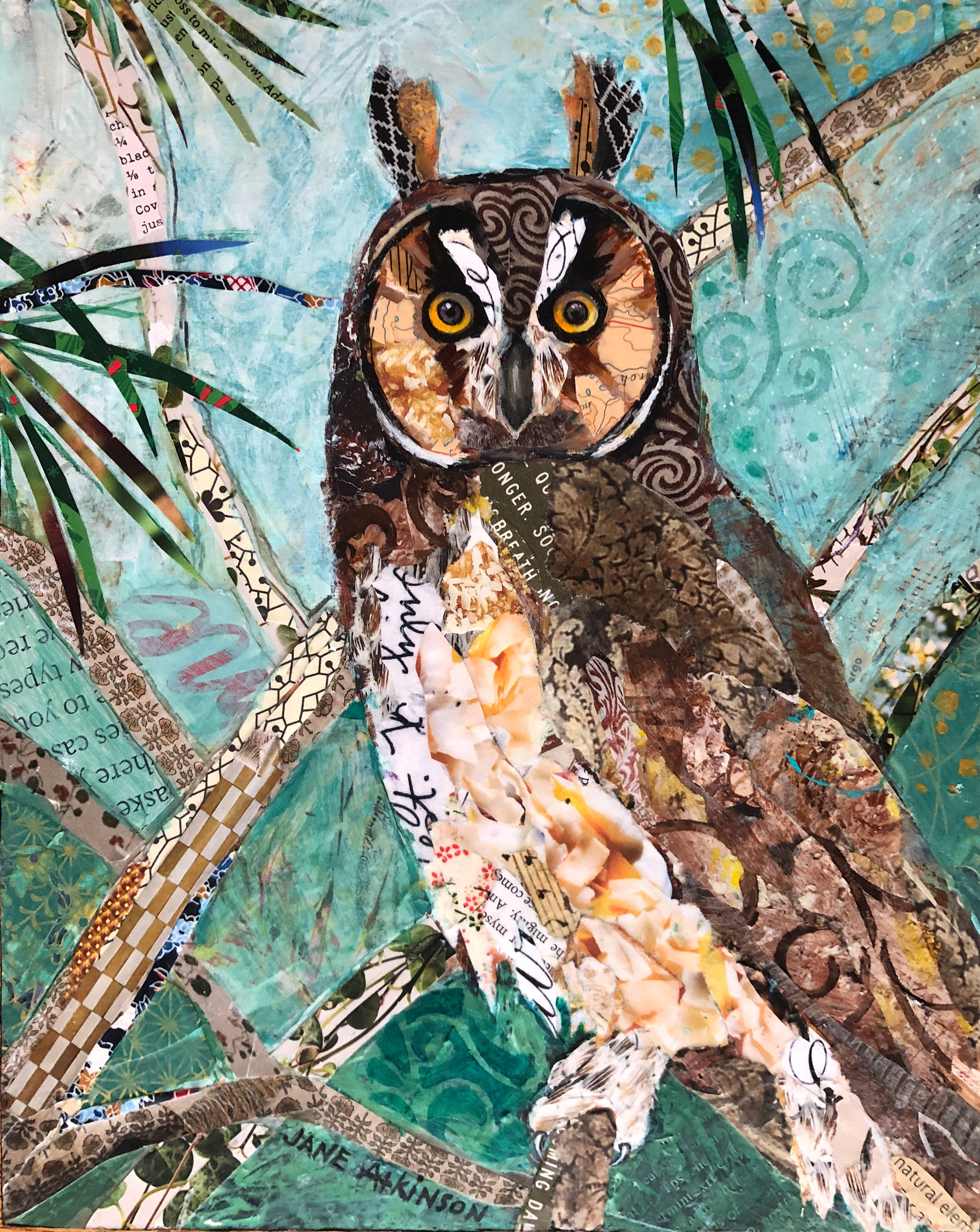Long Eared Owl In Tree, 8"w x 10"d x 1.5", Mixed Media mounted on cradled board, $190.00