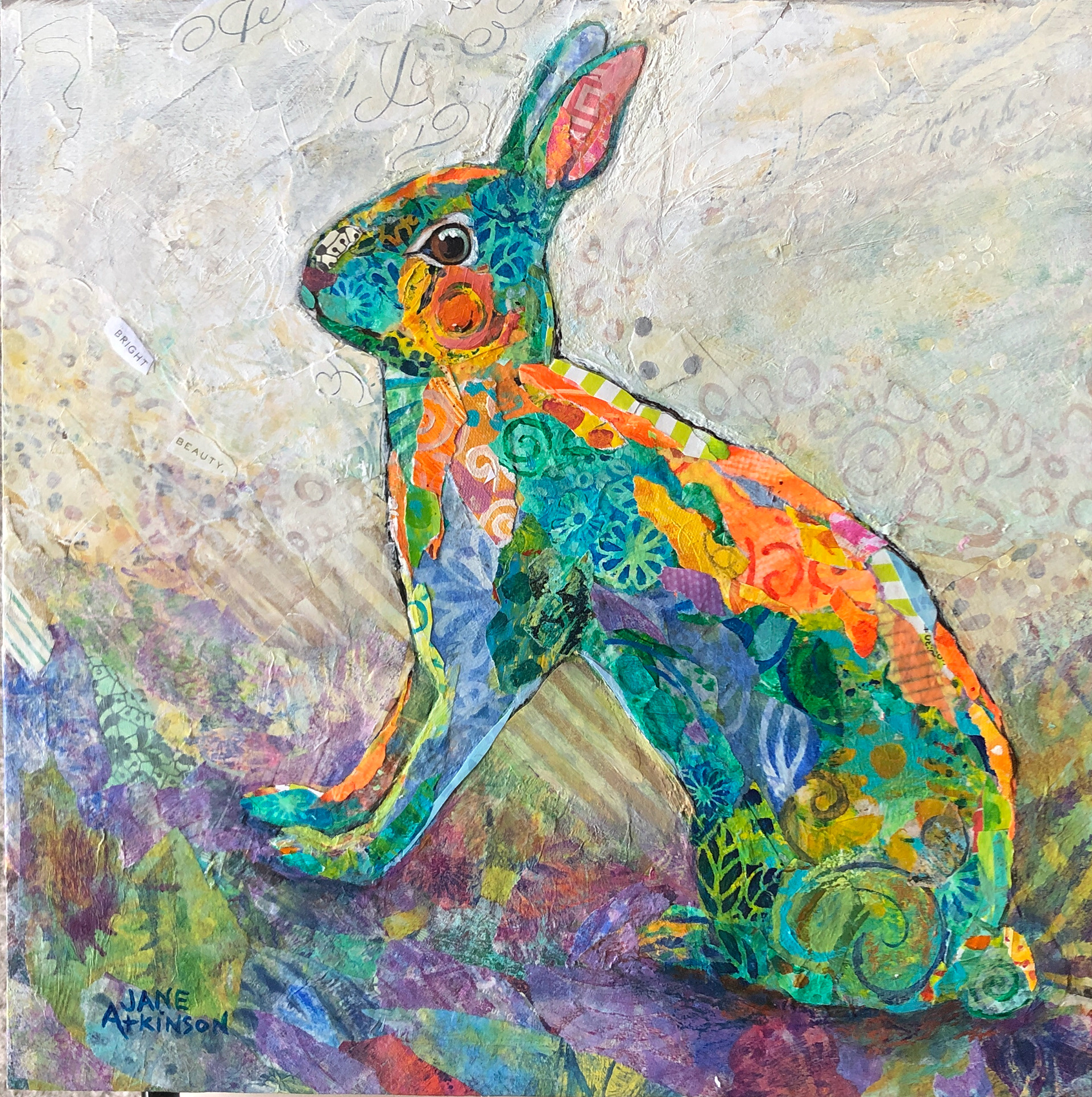 Bright Beauty, 12" x 12" x 1.5"deep, Mixed Media on Gallery Depth Cradled Board, $350.00