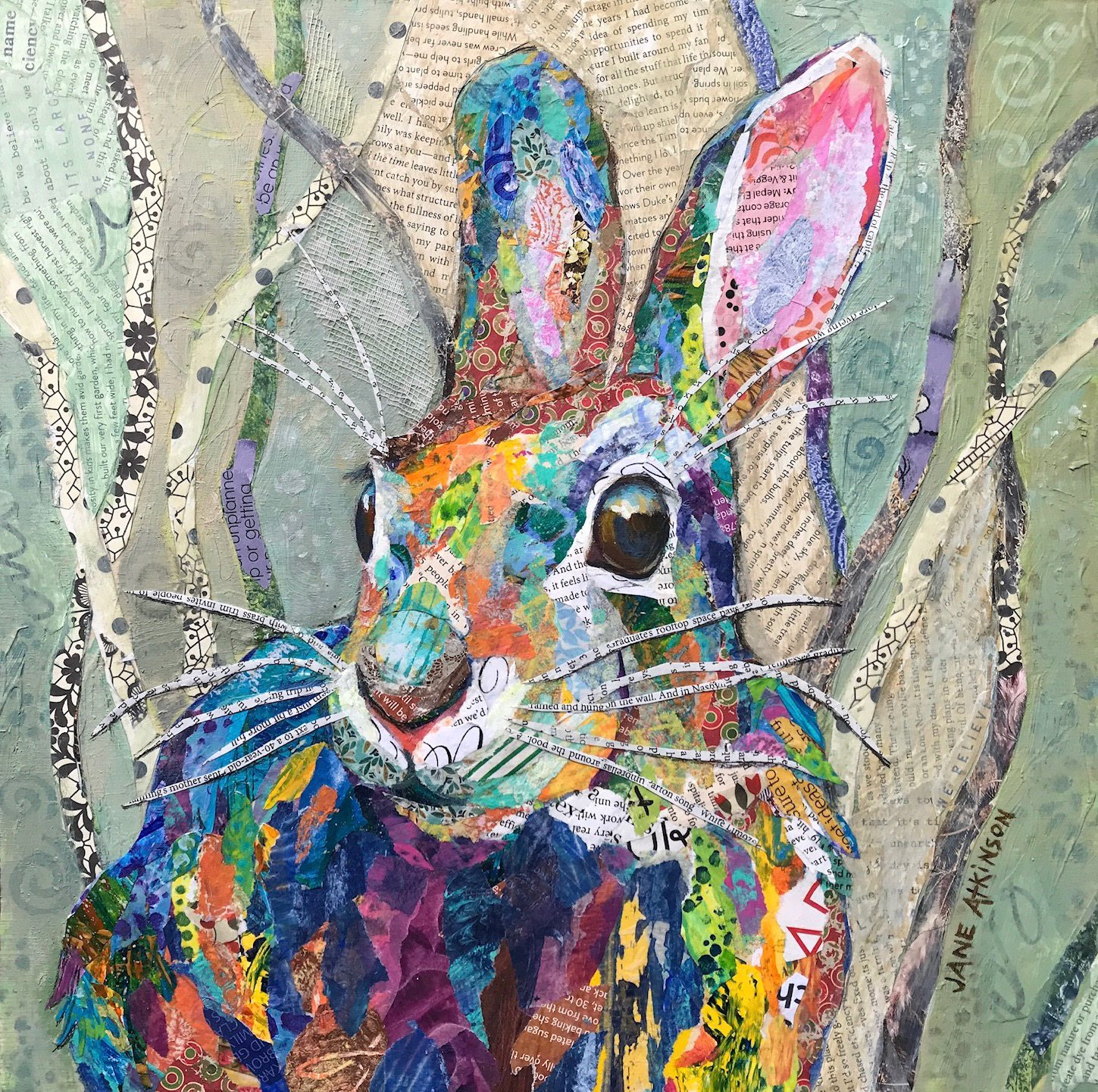 SOLD, Psychedelic Rabbit, Mixed Media on Cradled Board