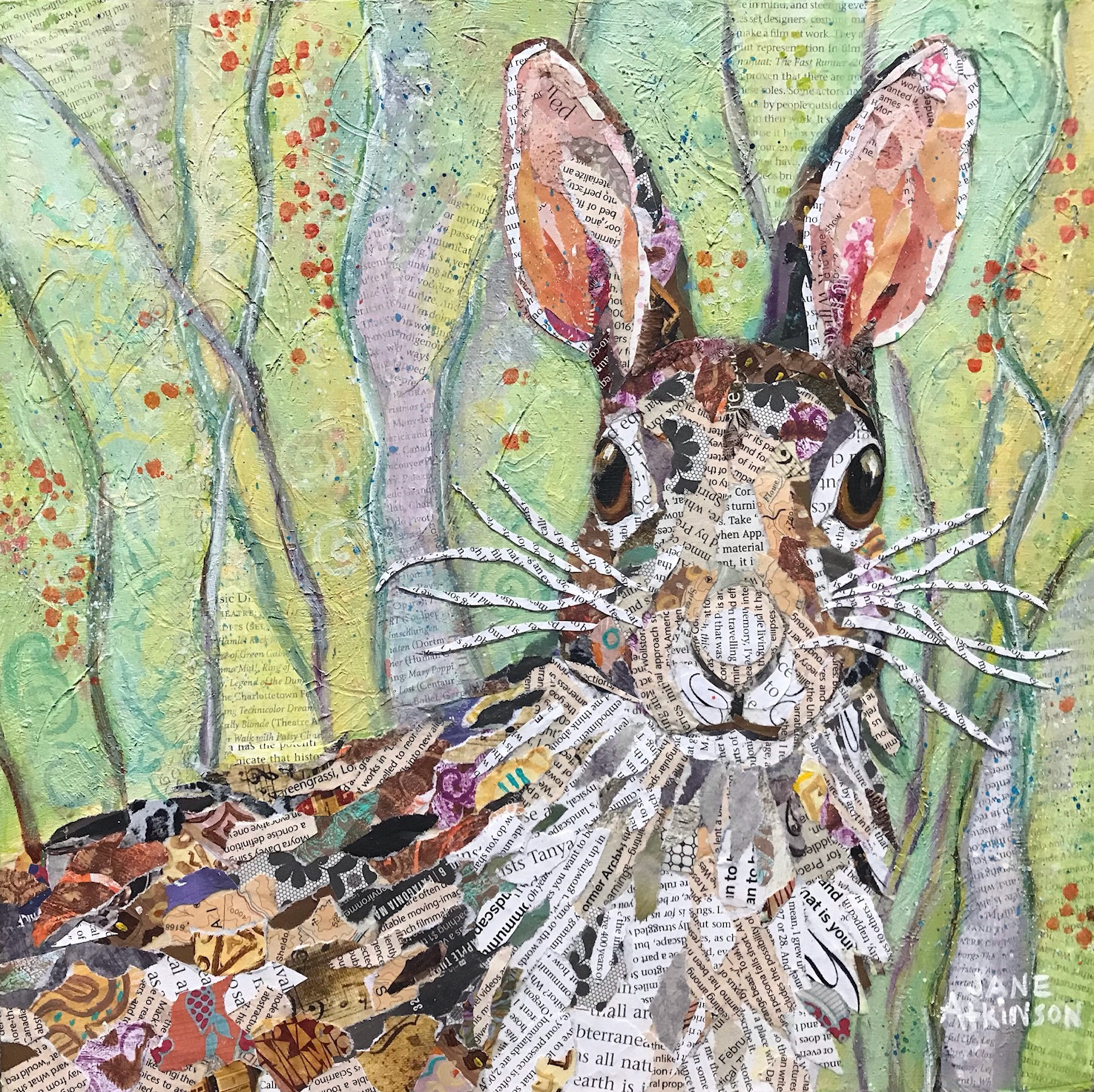 SOLD: Garden Rabbit, 12" x 12", Mixed Media on Wood Panel, $285.00