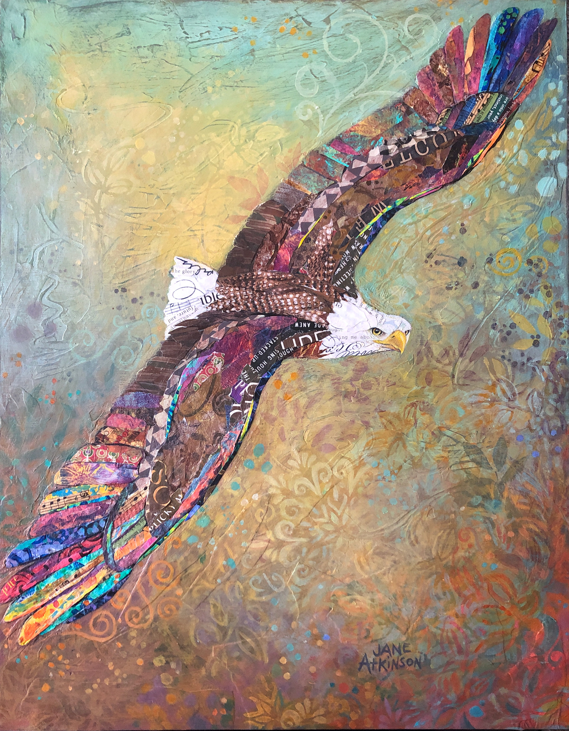 SOLD, Fierce Glory, 14"w x 18"L x 1.5"deep, Mixed Media on Gallery Depth Cradled Board, $630.00