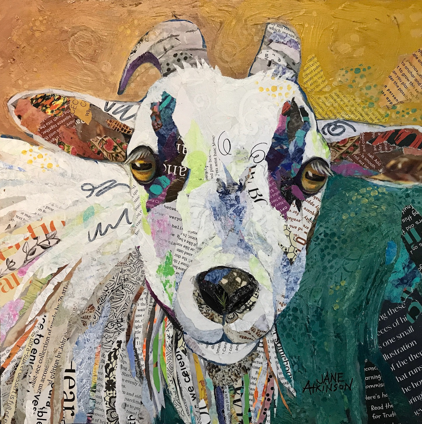 SOLD, Curious Goat, 12" x 12", Mixed Media on Cradled Board