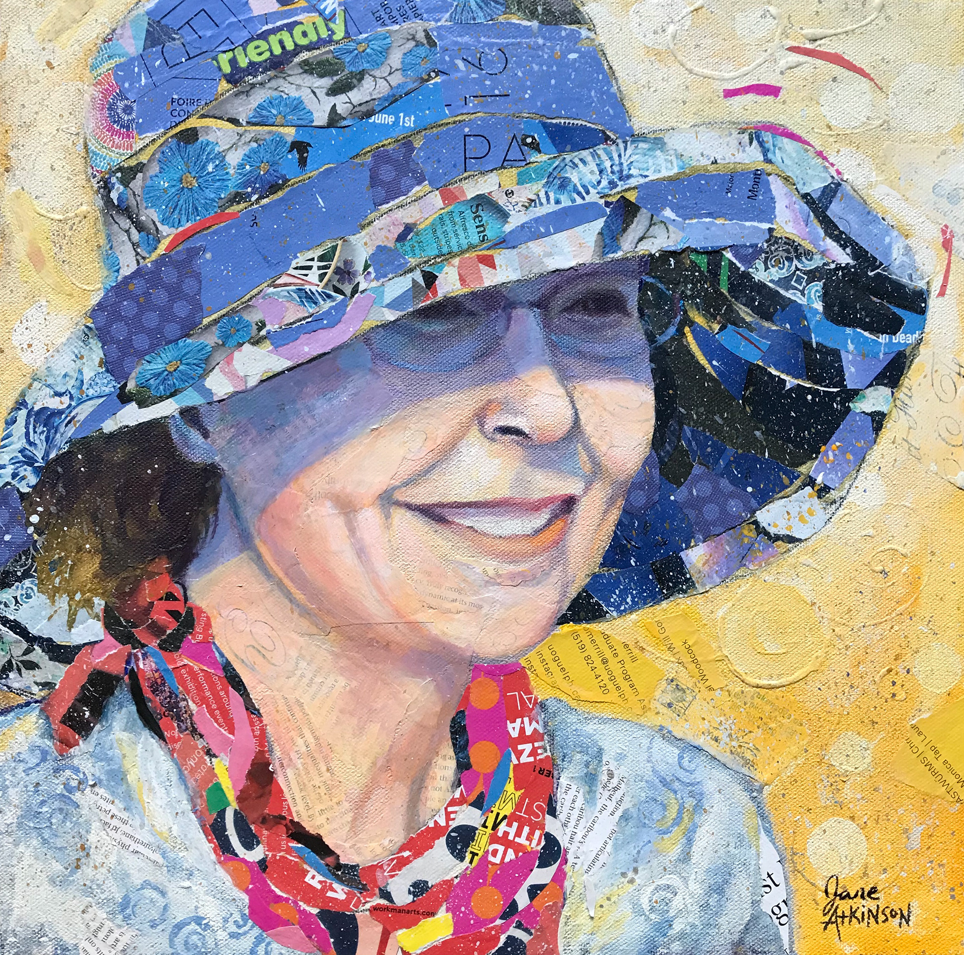 Blue Hat, 14" x 14", Mixed Media on Canvas, $395.00