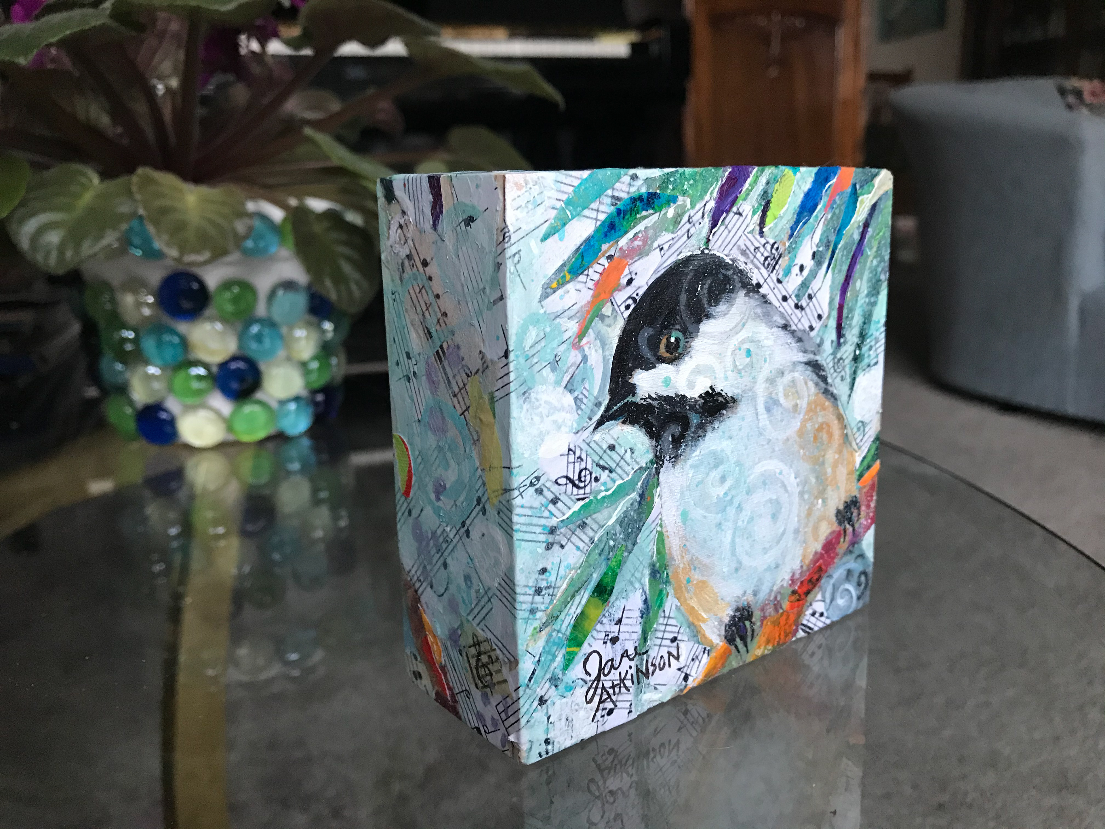 SOLD, Musical Chickadee, 4" x 4", Mixed Media on Wood Panel