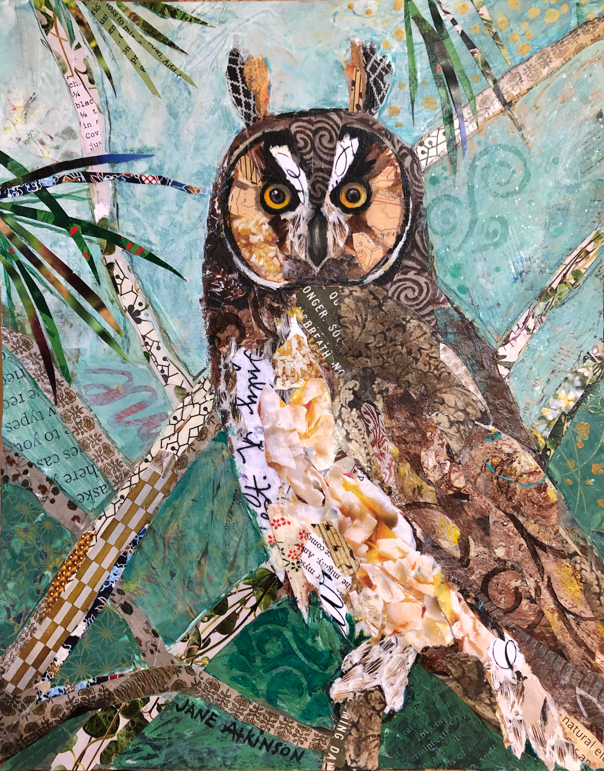 Long Eared Owl In Tree, 8"w x 10"d x 1.5", Mixed Media mounted on cradled board, $180.00