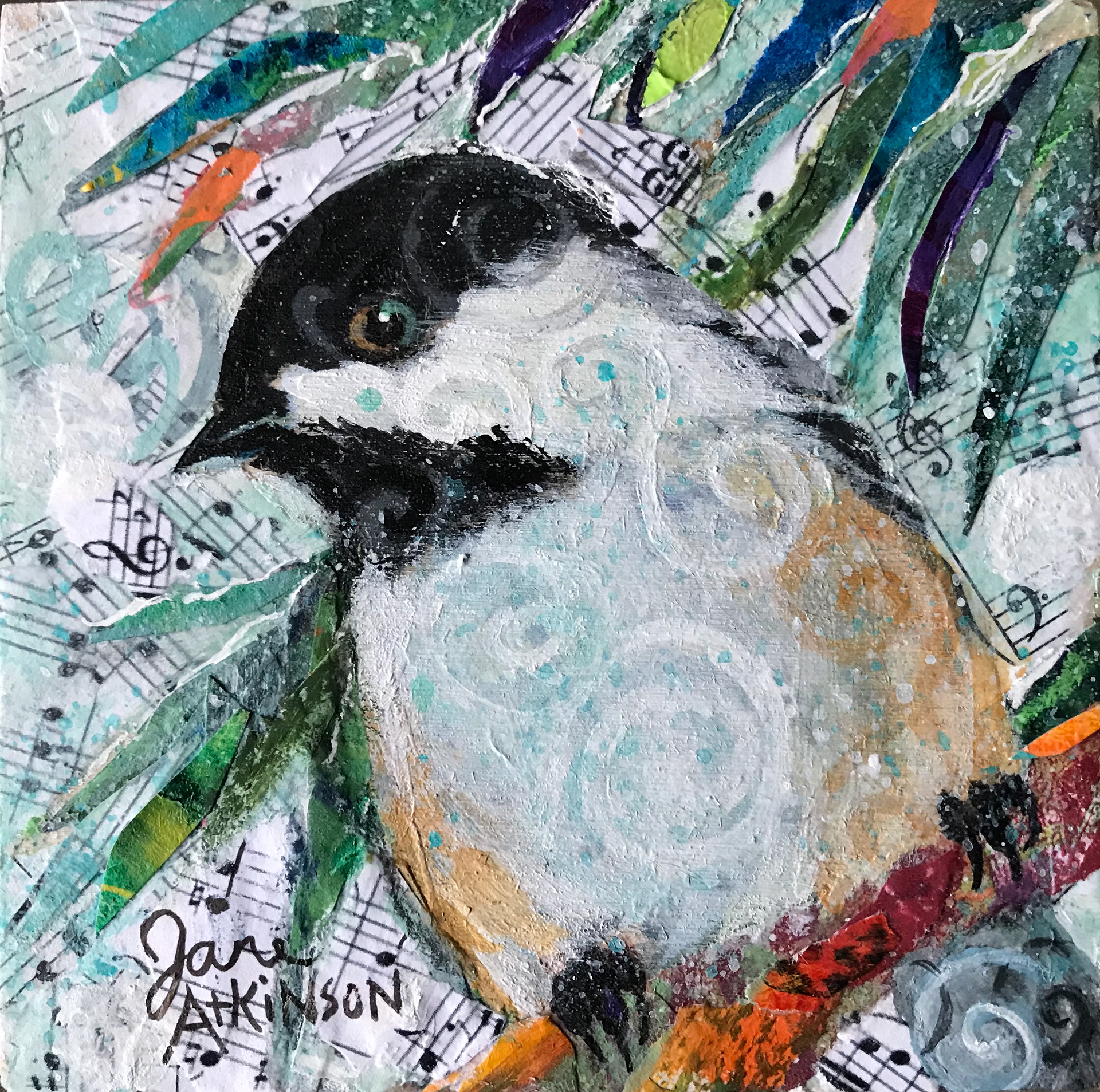 SOLD: Musical Chickadee (Miniature), 4"x 4", Mixed Media on Wood Panel