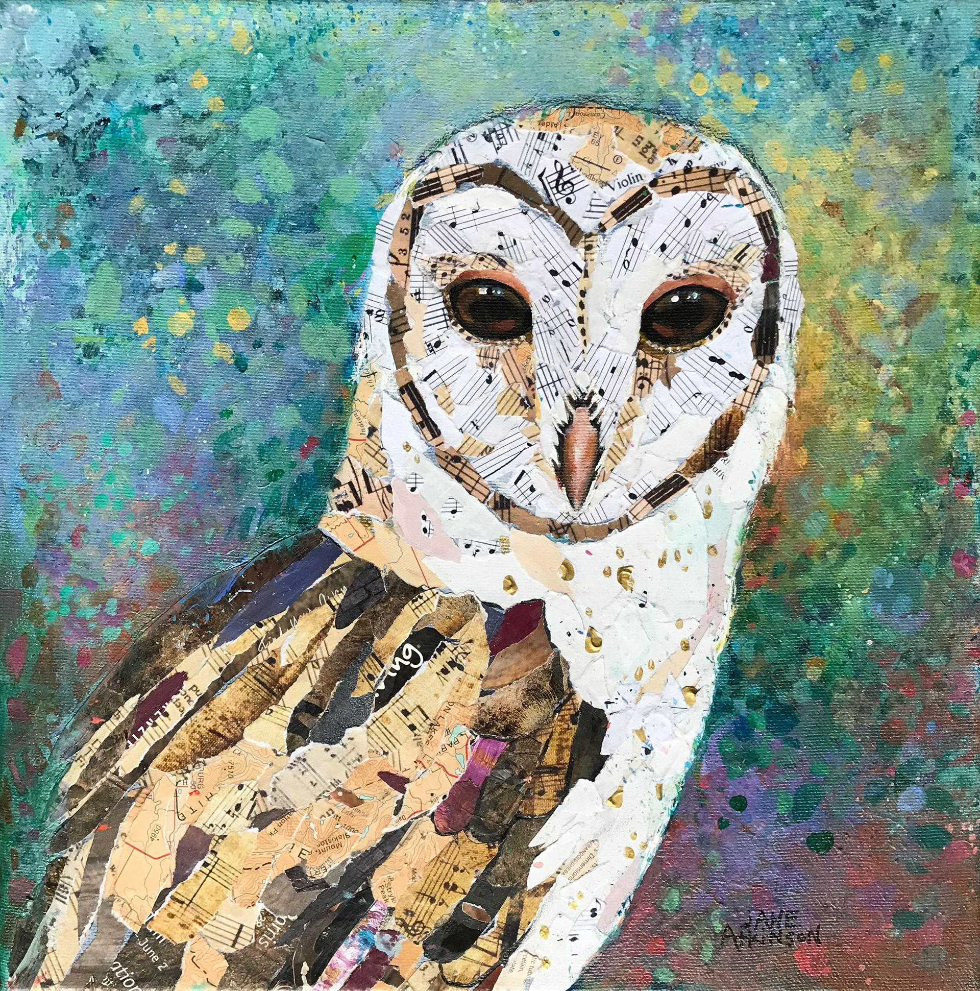 SOLD, Barn Owl, 12" x 12", Mixed Media on Canvas, $285.00