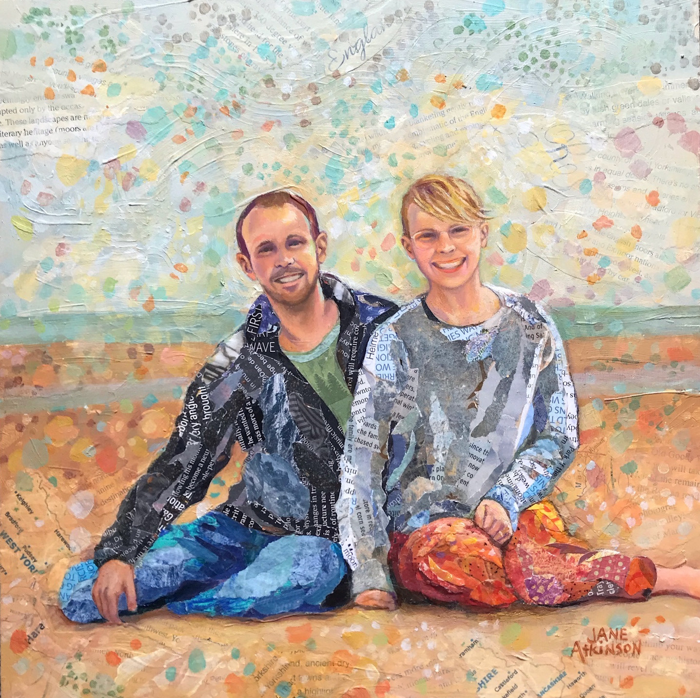 Commissioned: Annie and Tom Engaged, 12" x1 2", Mixed Media on Cradled Board