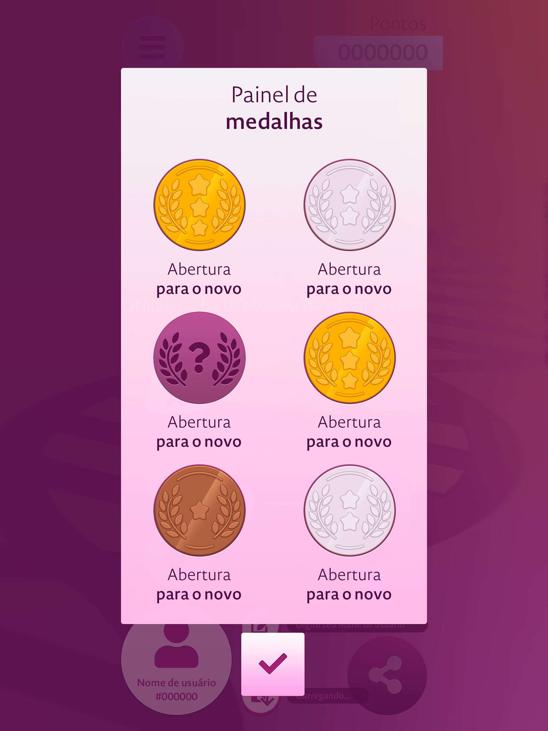 Tela popup display das medalhas adquiridas.
