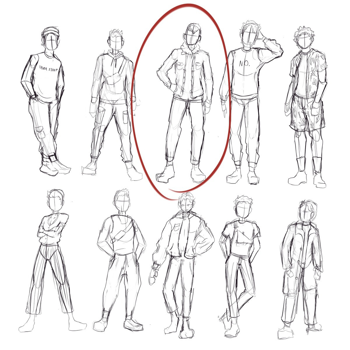 Começávamos o processo deixando com que ele fizesse a proposta de personagens no próprio estilo, tínhamos uma turminha de 10 personagens para fazer.