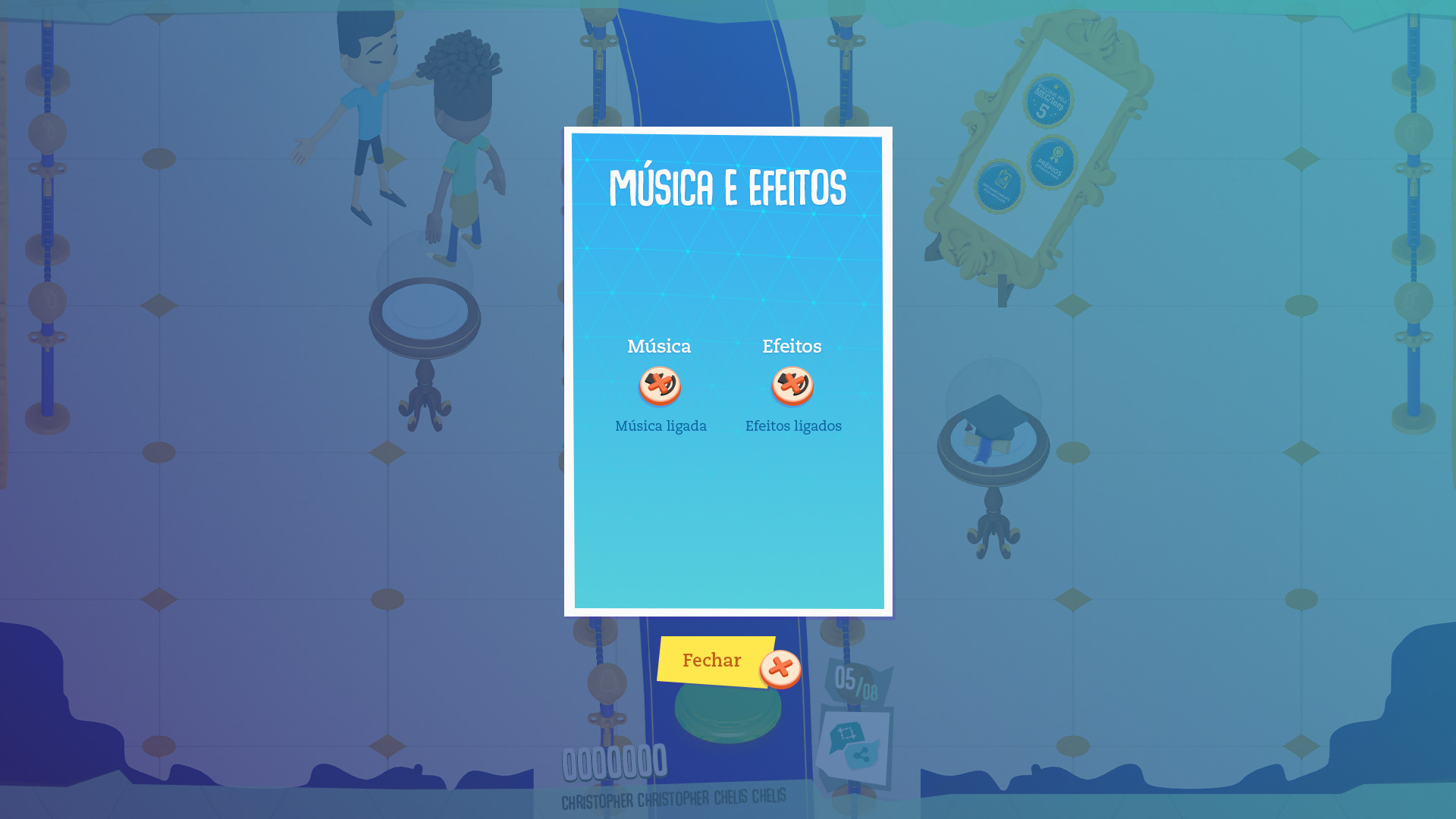 Opções de música e efeitos.