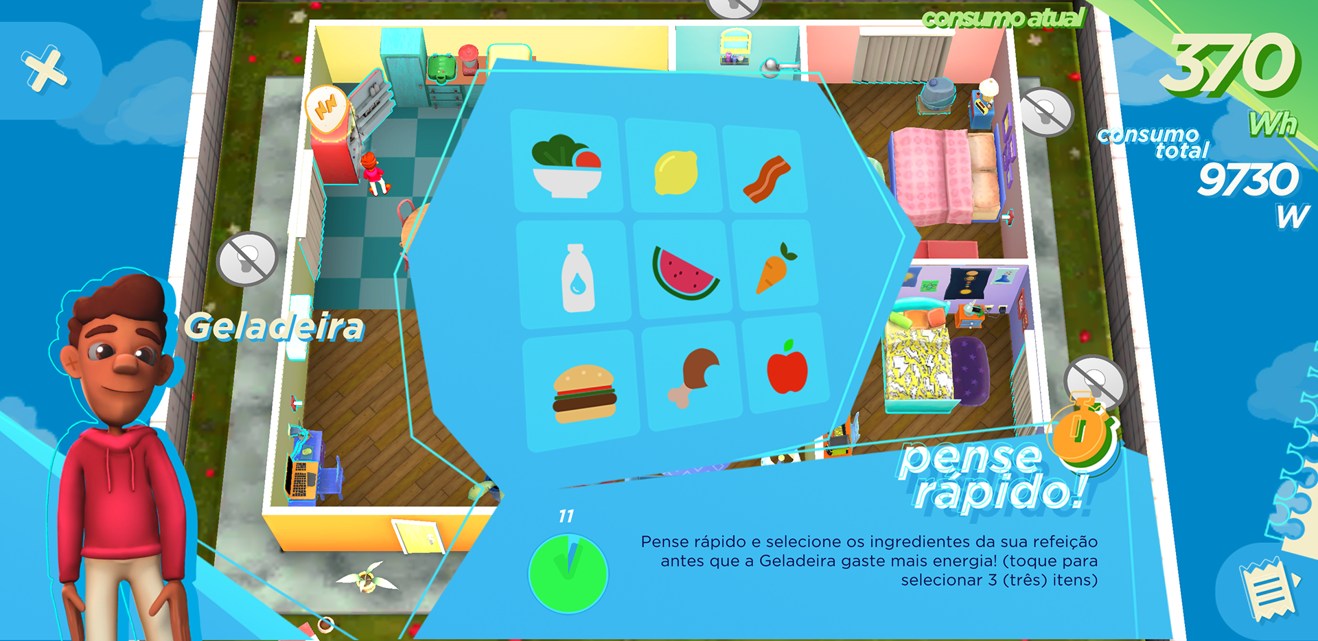 Esse é o minigame para escolher comida na geladeira. O jogador deve ser rápido, escolhendo 3 ícones...