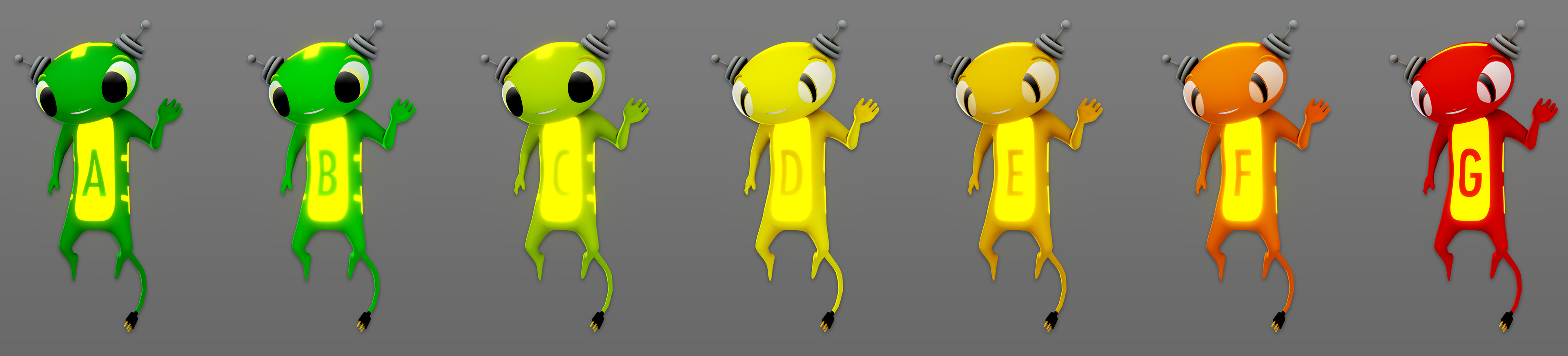 Finalmente, com os ajustes do cliente, e modelagem 3D completa, o personagem ficou assim. A alteração de cores acompanha a tabela do selo INMetro para os aparelhos eletrônicos no país, com as letras indicativas. À medida que o personagem avança na direção do bom comportamento, suas expressões e cores se transformam.