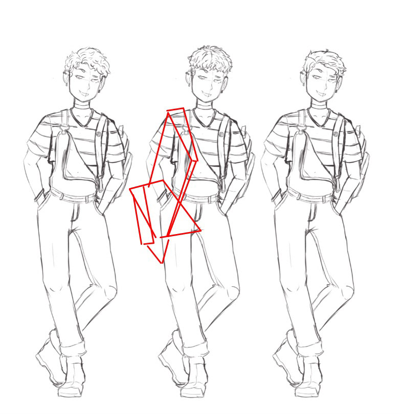 Decidi que seria o cabelo do meio, mas fiz os ajustes, como faria em todos, em vermelho, rascunhado sobre o desenho, para o caimento da mochila.