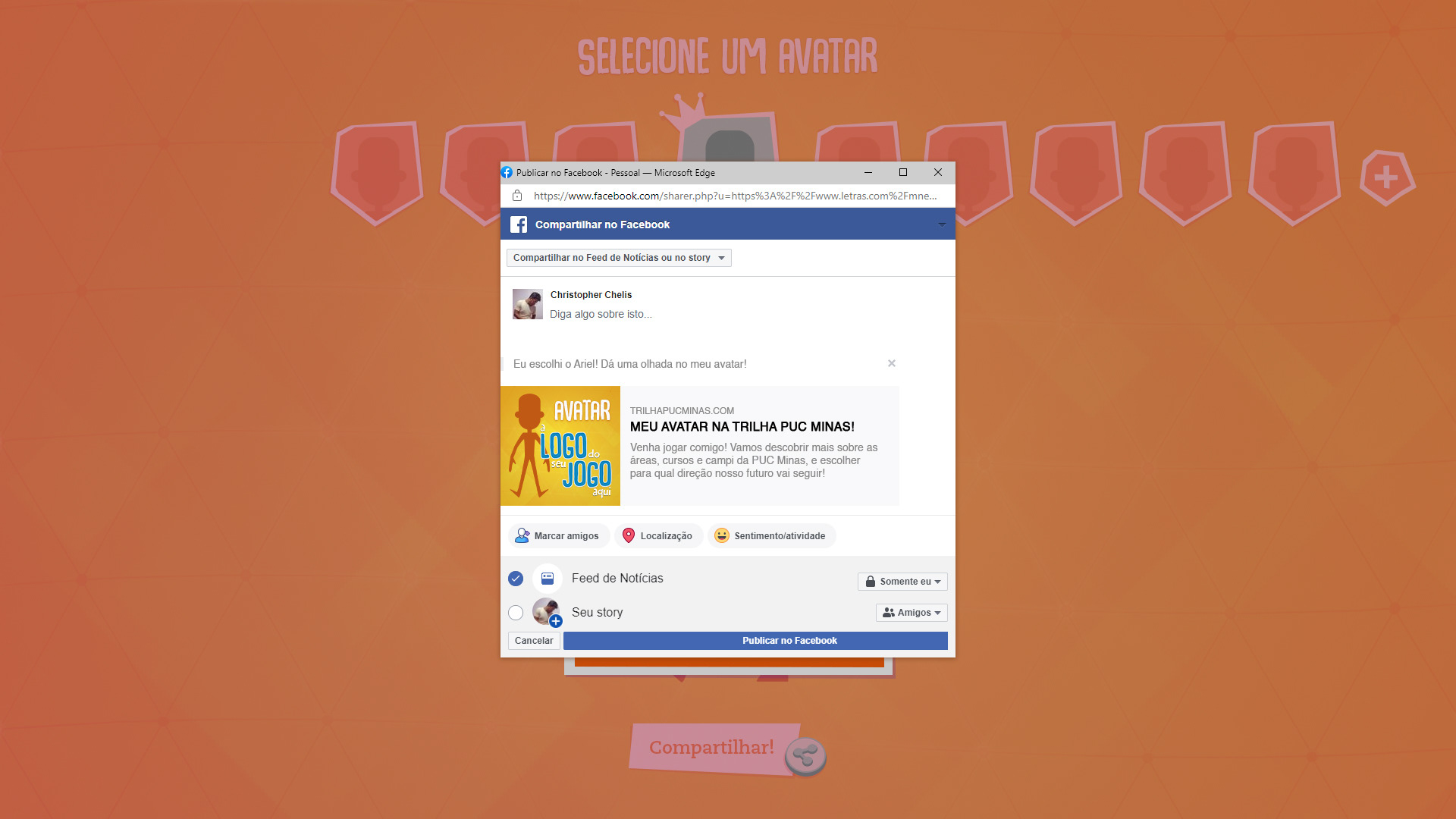 Utilizamos uma API do Facebook para compartilhar em pontos selecionados