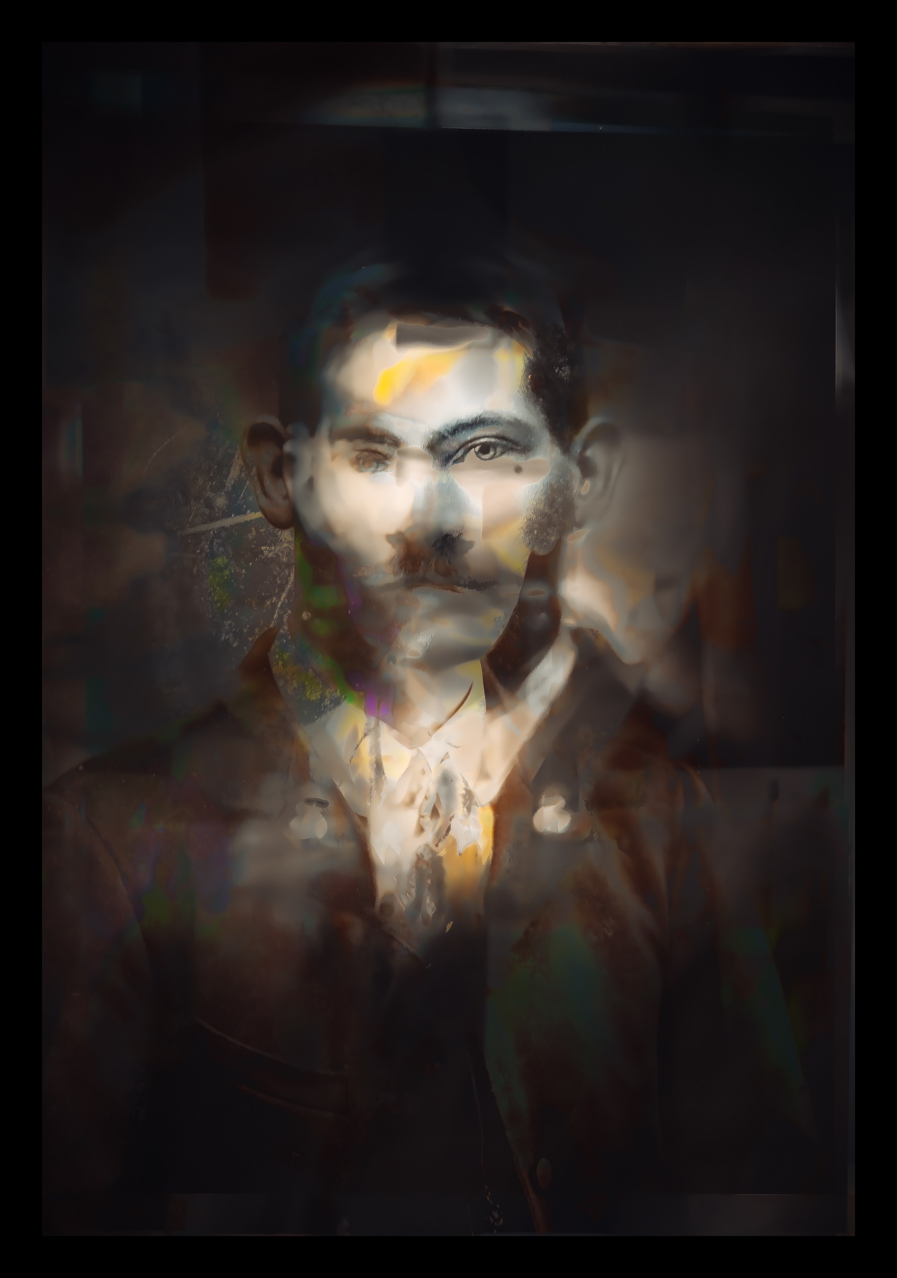 Recalled Series #13 "Photograph is a portrait of an unidentified man"  Original photograph by Tsunenojo [Paul] Okamura, New Westminster Museum and Archives, IHP5952