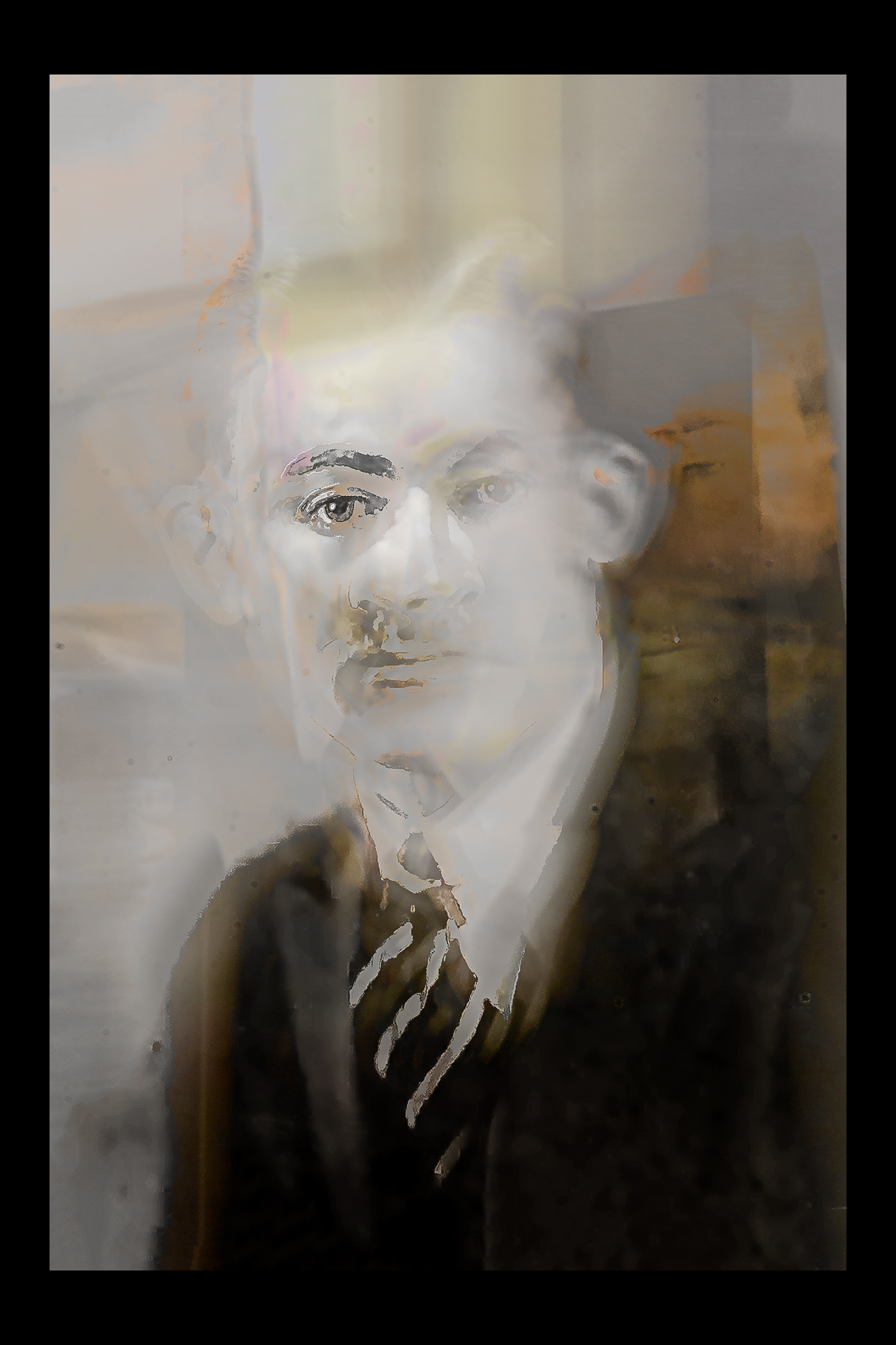 Recalled Series #18 "Photograph shows an unknown young man in a studio portrait" Original image by unknown photographer, New Westminster Museum and Archives, IHP7947-007