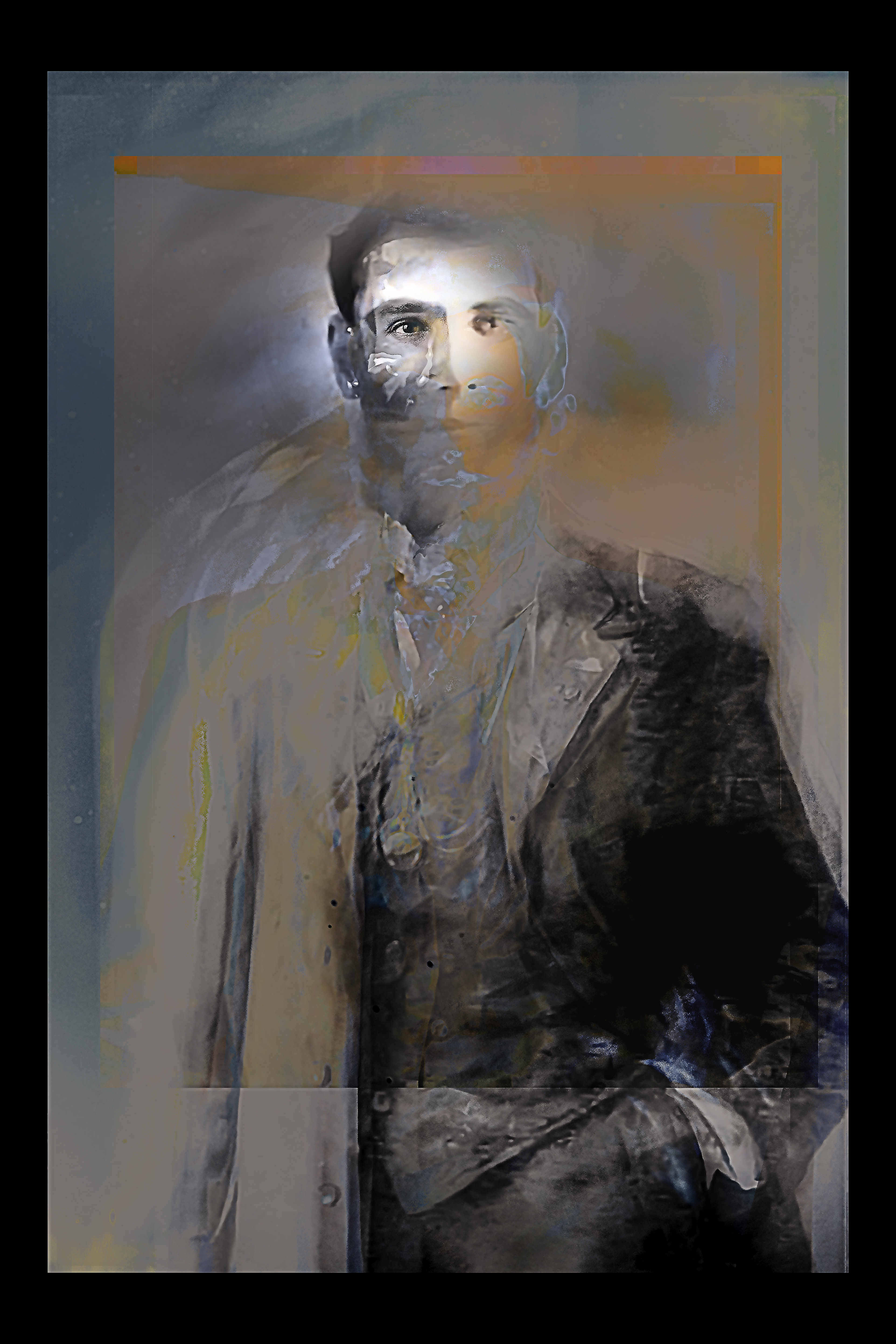 Recalled Series #19 "Photograph shows an unidentified man. [c. 1900]" Original image by unknown photographer, New Westminster Museum and Archives, IHP0525  