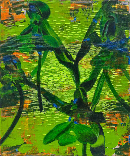 Echoes of a Garden 6 Acrylic, oil and embroidery on canvas 30 x 25 cm.