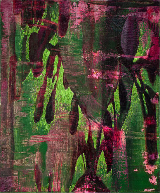 Echoes of a Garden 1 Acrylic, oil and embroidery on canvas 30 x 25 cm.