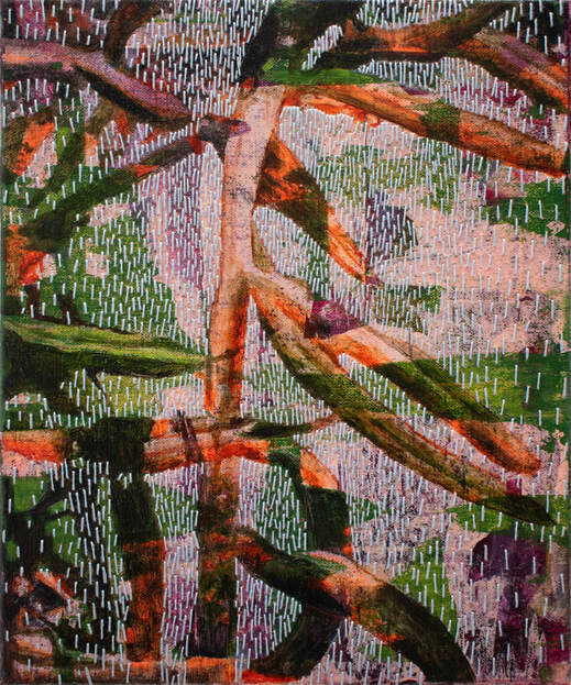 Echoes of a Garden 3 Acrylic, oil and embroidery on canvas 30 x 25 cm.