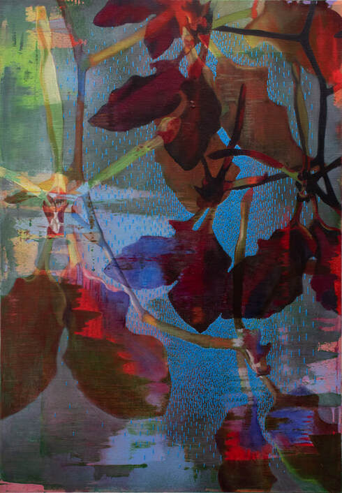 Echoes of a Garden 5 Acrylic, oil and embroidery on canvas 100 x 70 cm.