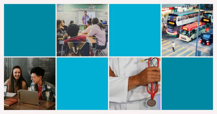 colagem de fotos de escola, trabalho, transporte e hospital