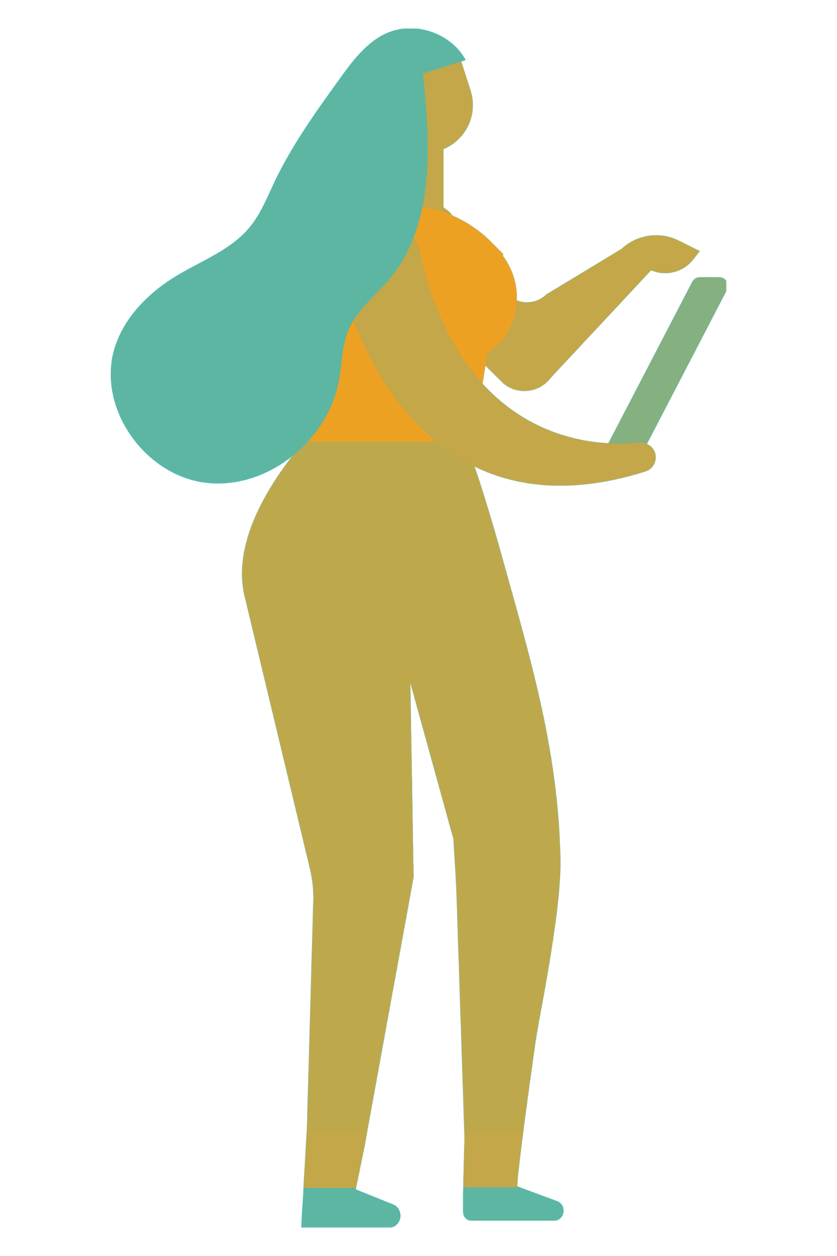Ilustração mostra uma mulher negra, de pele clara, com cabelos compridos e azuis, mexendo em um aparelho celular.