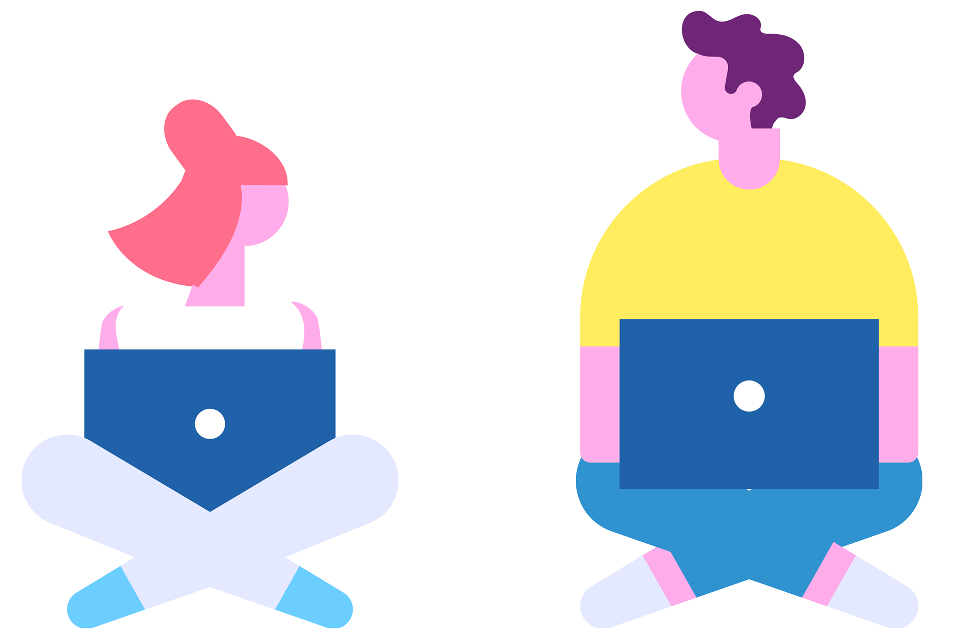 Ilustração mostra uma moça e um rapaz sentados lado a lado, cada um com um notebook em seu colo. Eles olham um para o outro.