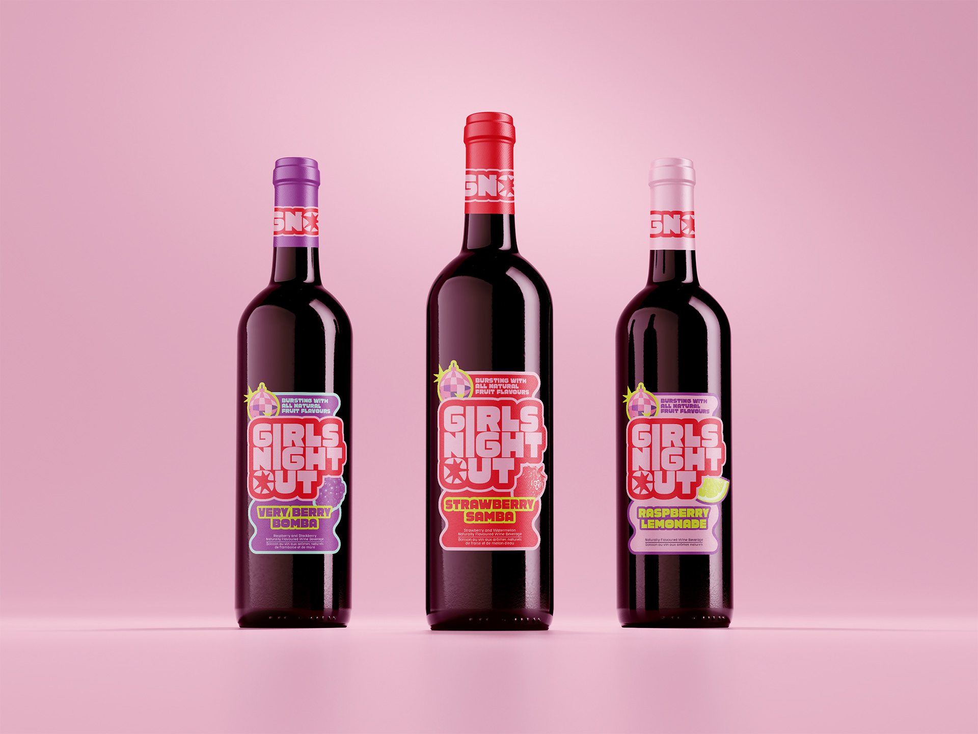 GNO wine bottle labels: Very Berry Bomba, Strawberry Samba, and Raspberry Lemonade