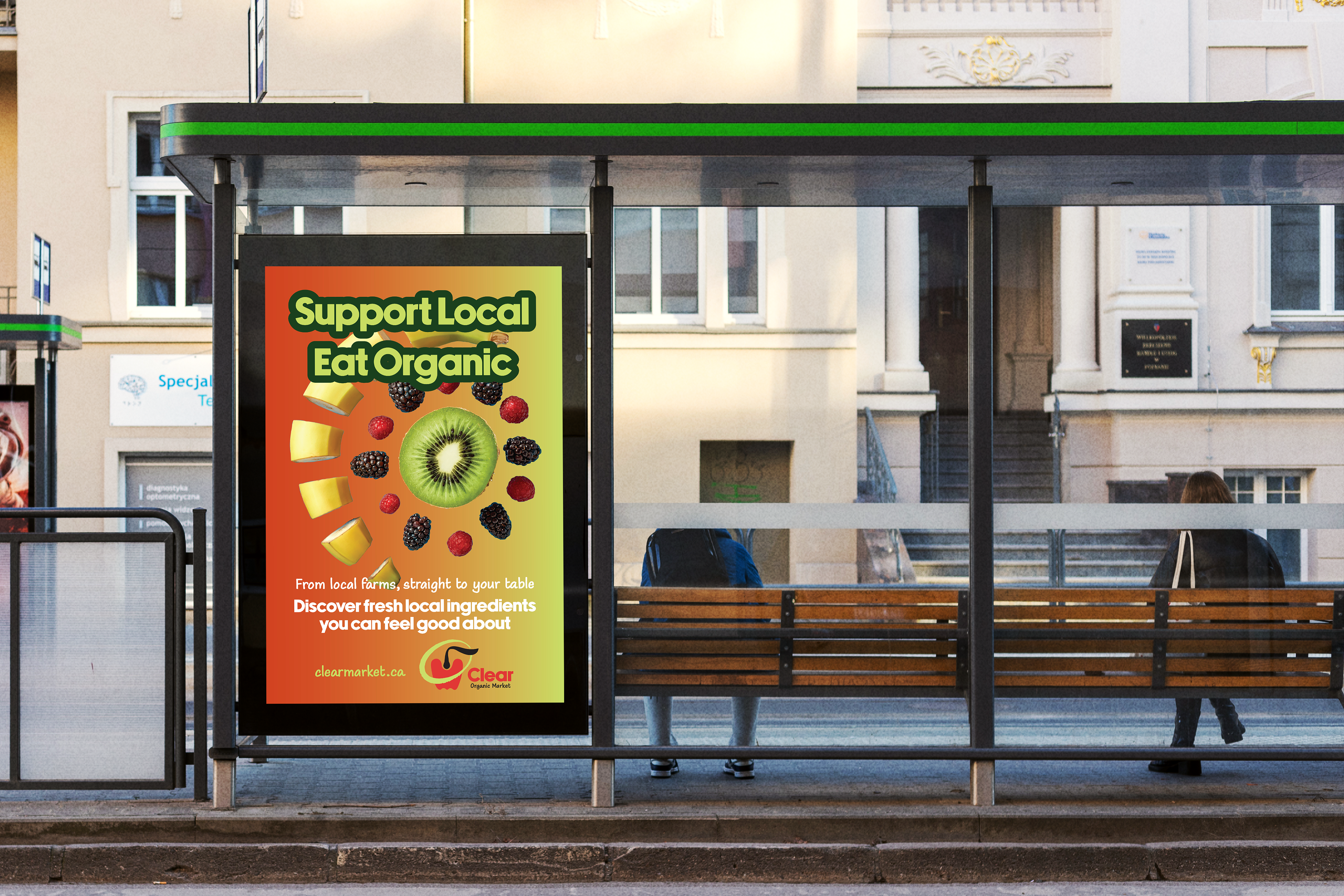Transit shelter poster mockup for Clear Organic Market