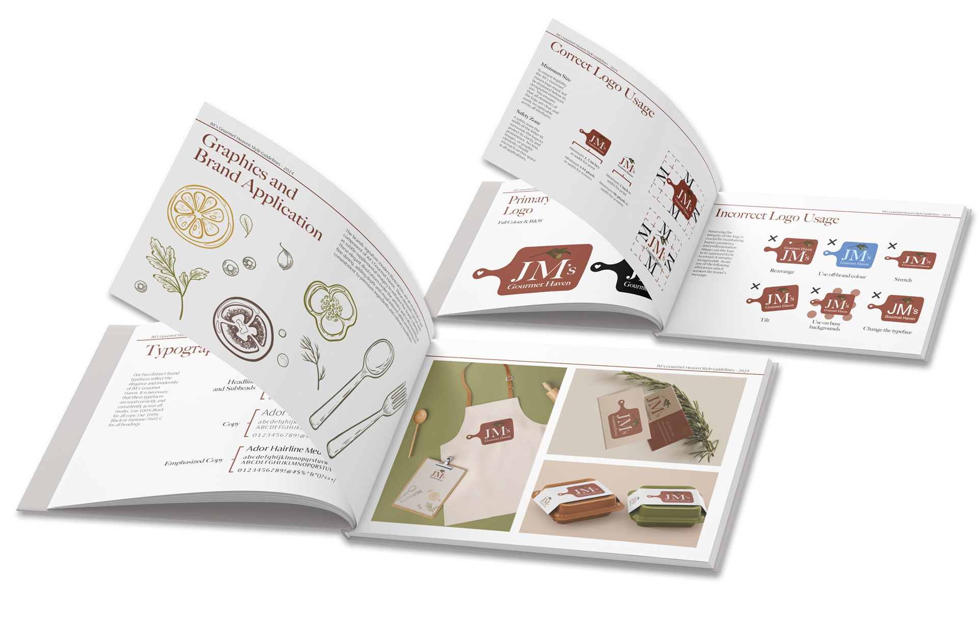 Style guideline book pages for JM's Gourmet Haven