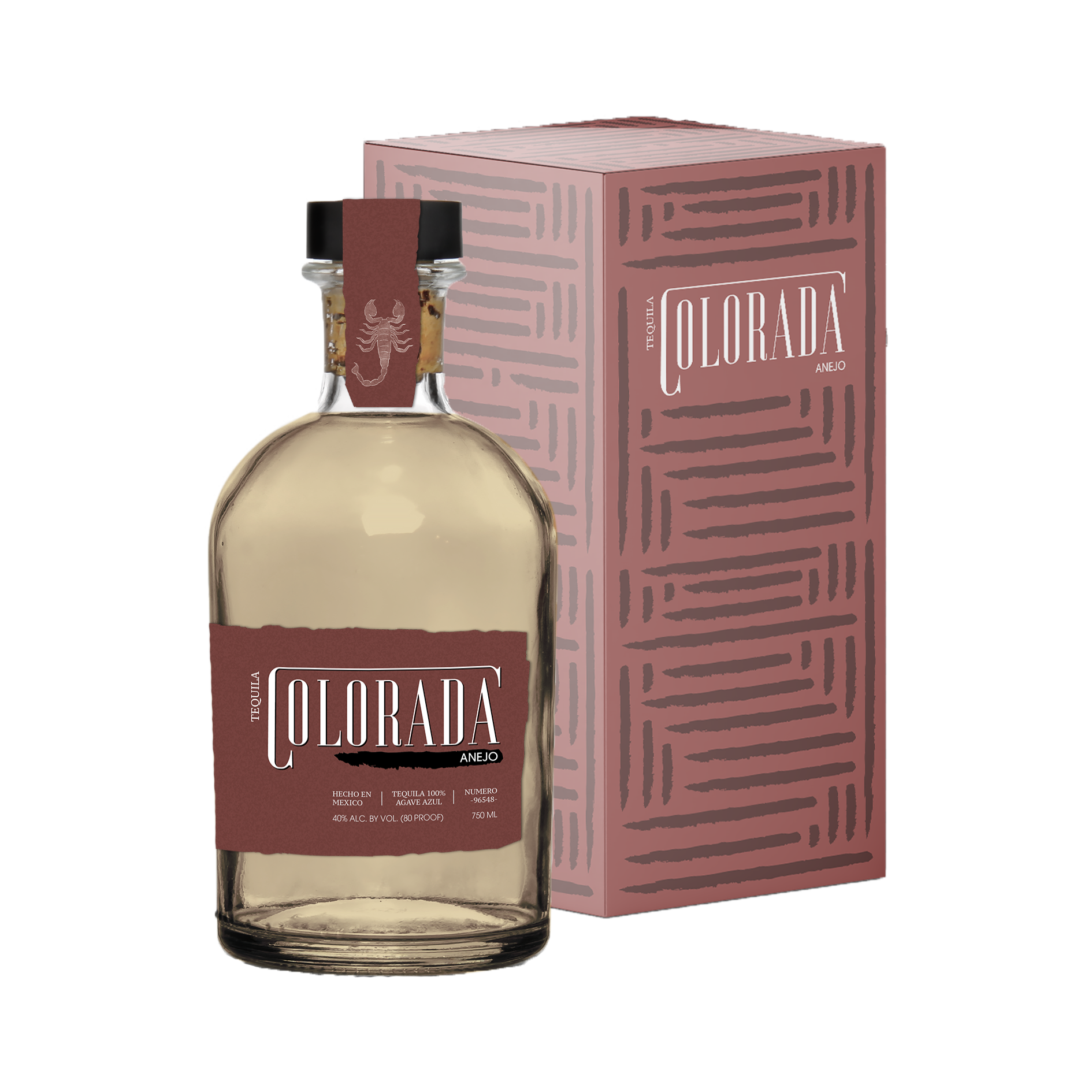 Bottle and box design for Tequila Colorada Añejo