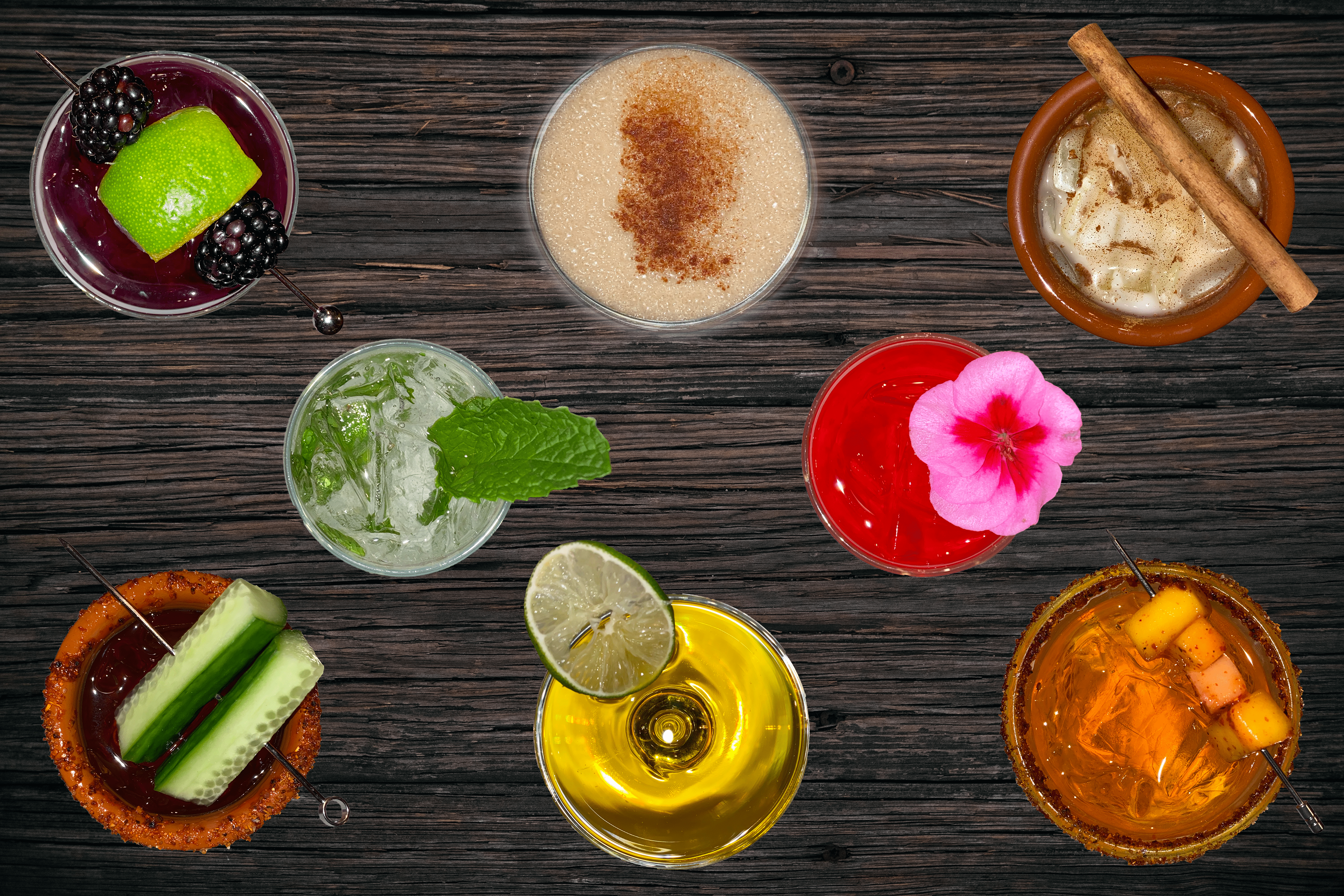 Aerial view of all eight cocktails on the winter menu