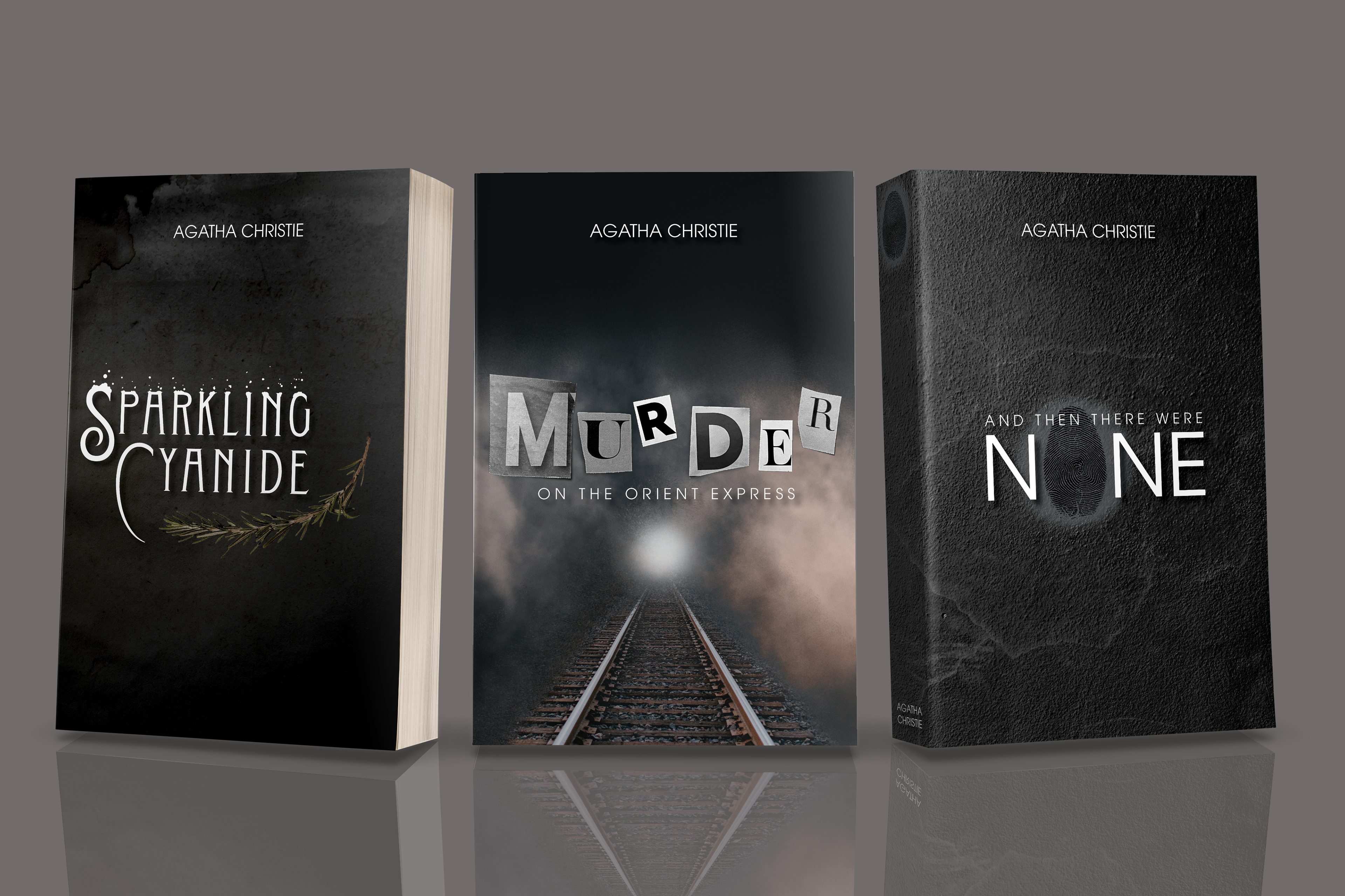 Agatha Christie book set design for Sparkling Cyanide, Murder on the Orient Express and And Then There Were None