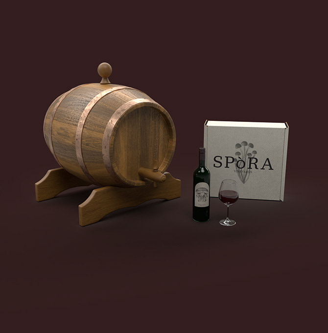 SPòRA wine with packaging and wine barrel