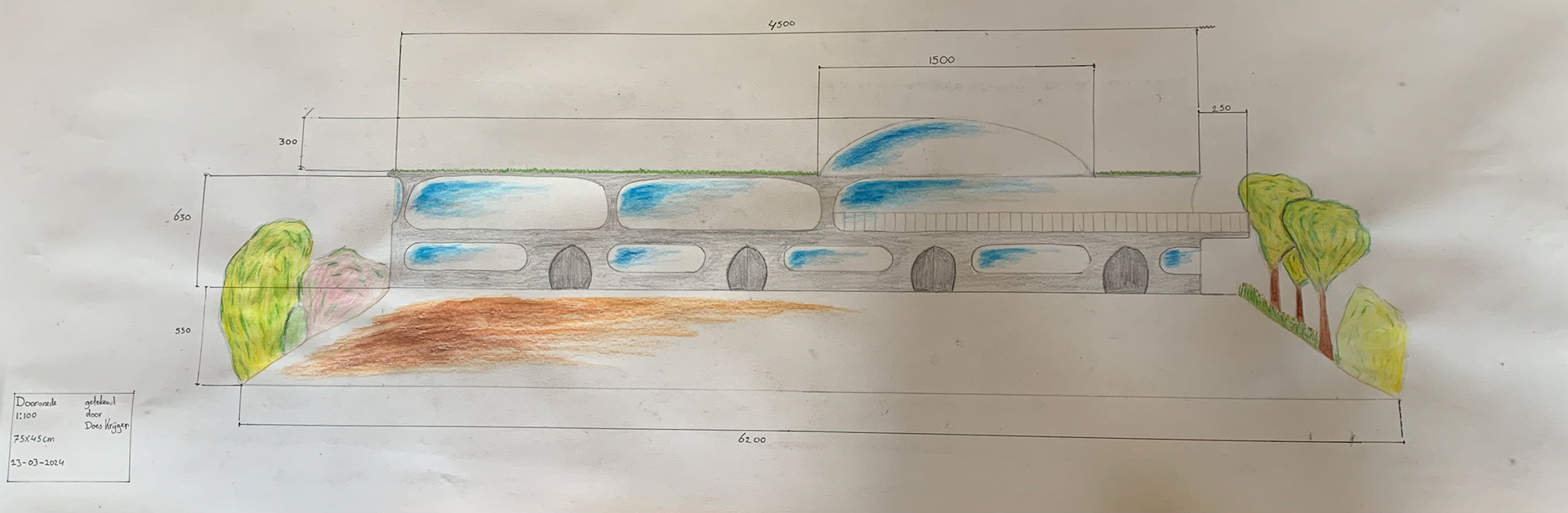 A cross section of the building