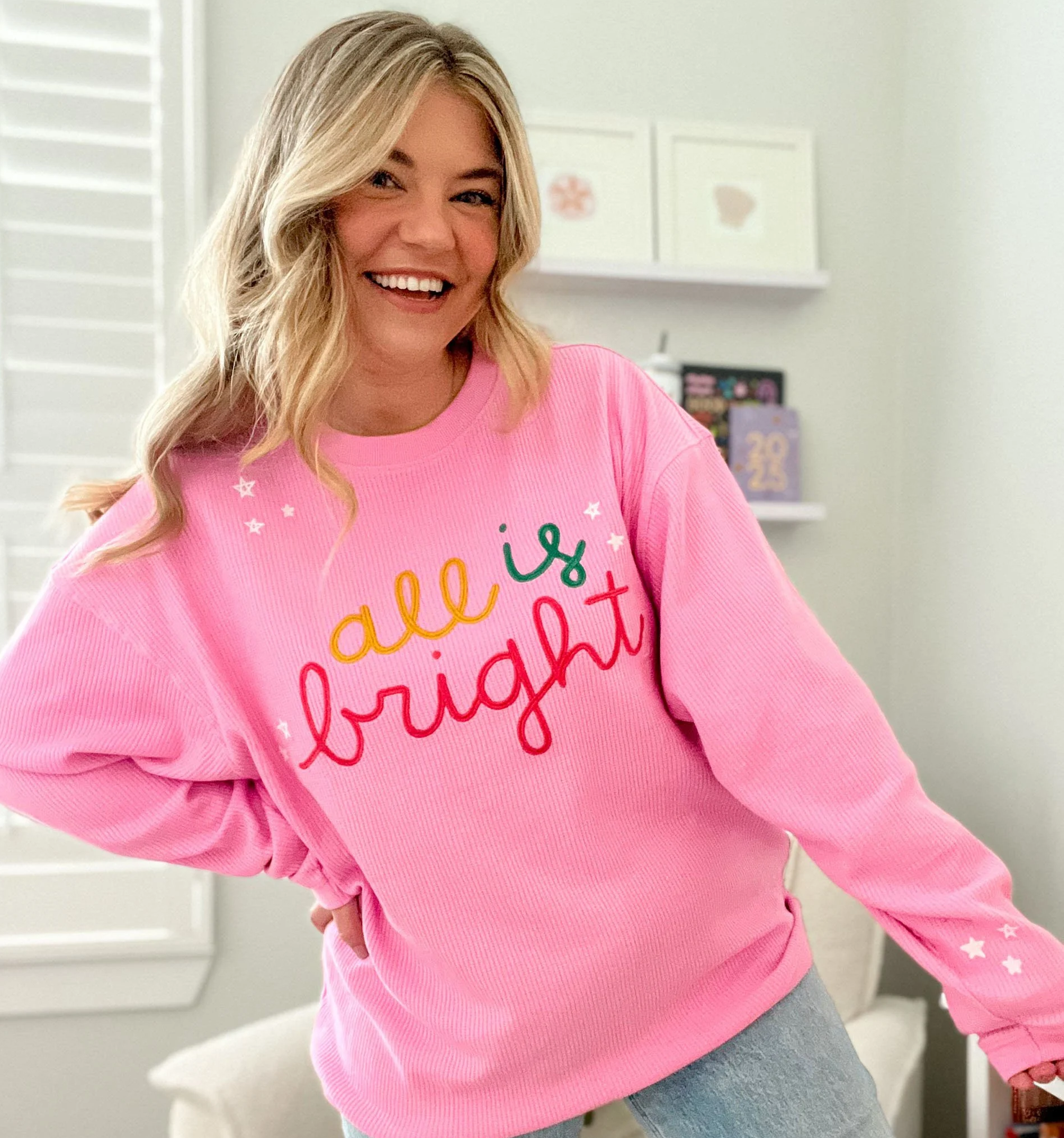 Callie Danielle - All Is Bright Embroidered Lightweight Waffle Knit Christmas Sweatshirt