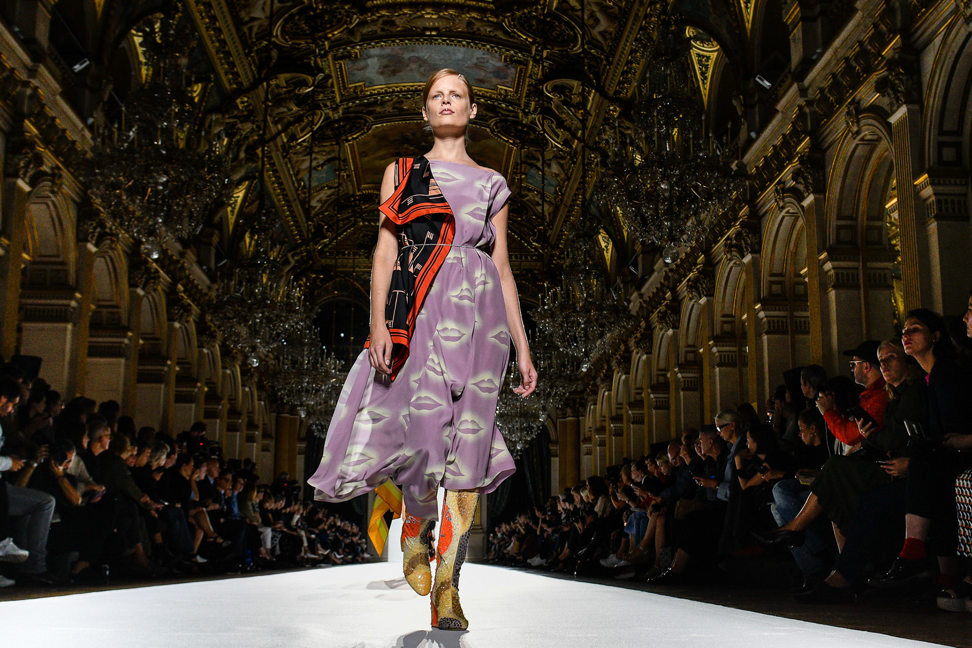 Hanne Gaby Odiele walks the runway during the Dries Van Noten show as part of the Paris Fashion Week Womenswear Spring/Summer 2018 on September 27, 2017 in Paris, France.
