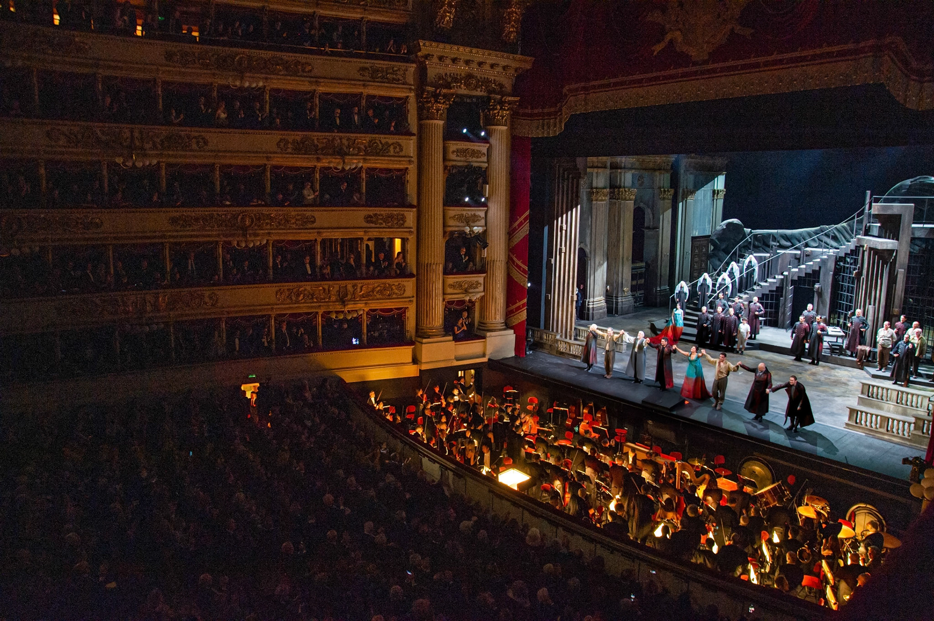 The cast of the opera "La Tosca" during the final applauses the "Prima Alla Scala" at Teatro Alla Scala on December 07, 2019 in Milan, Italy