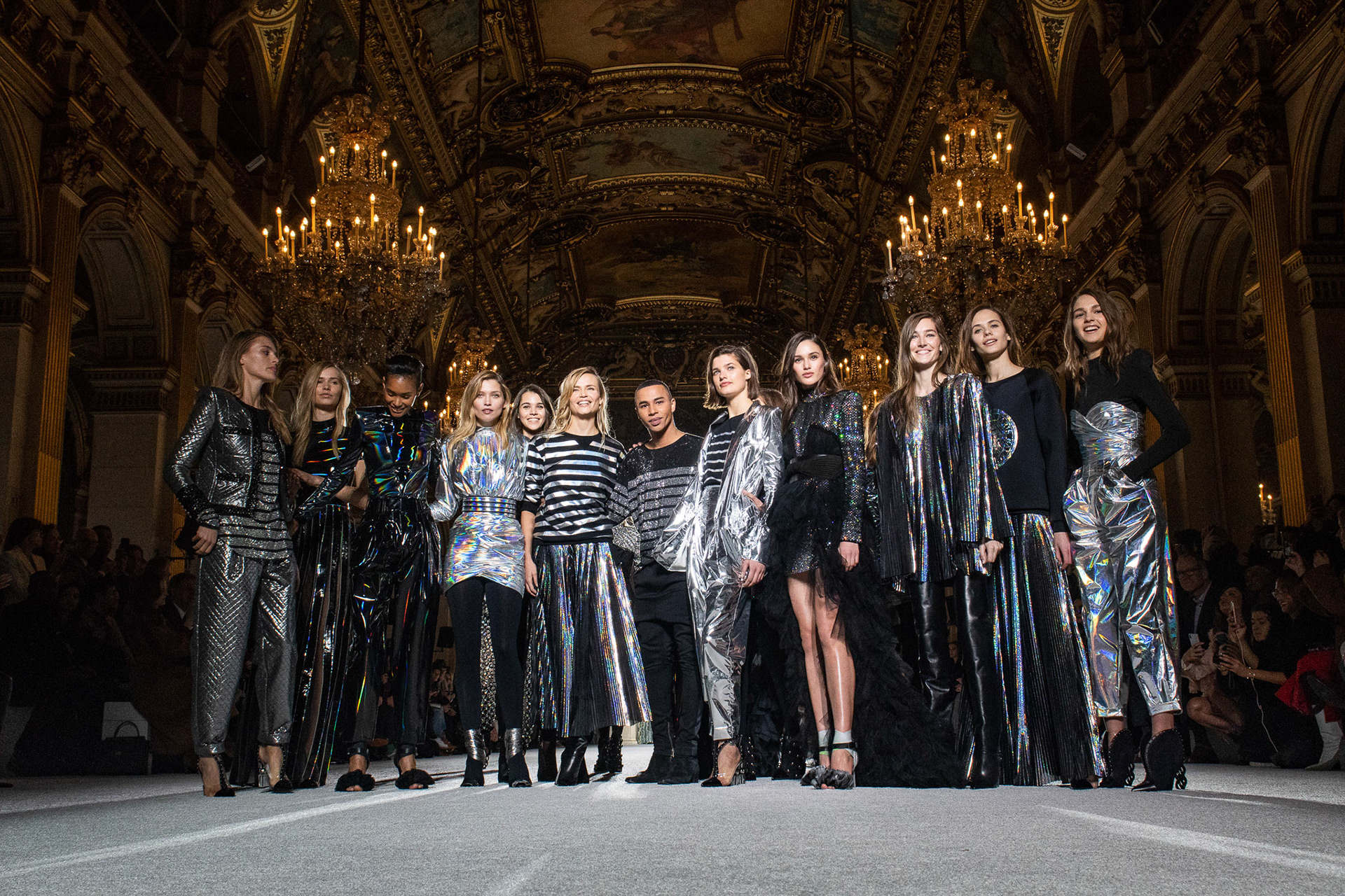 Fashion designer Olivier Rousteing walks the runway after the Balmain show as part of the Paris Fashion Week Womenswear Fall/Winter 2018/2019