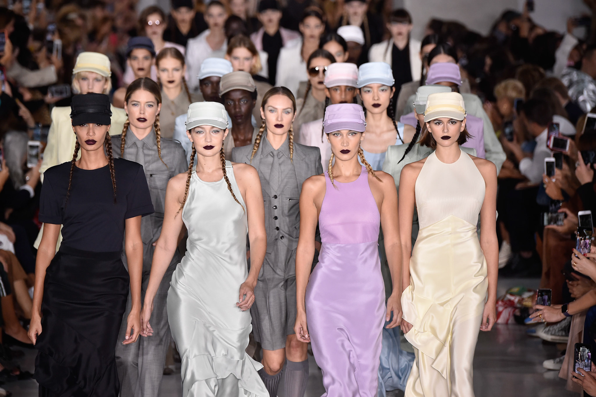 L-R) Joan Smalls, Gigi Hadid, Bella Hadid and Kaia Gerber walk the runway at the Max Mara show during Milan Fashion Week Spring/Summer 2020