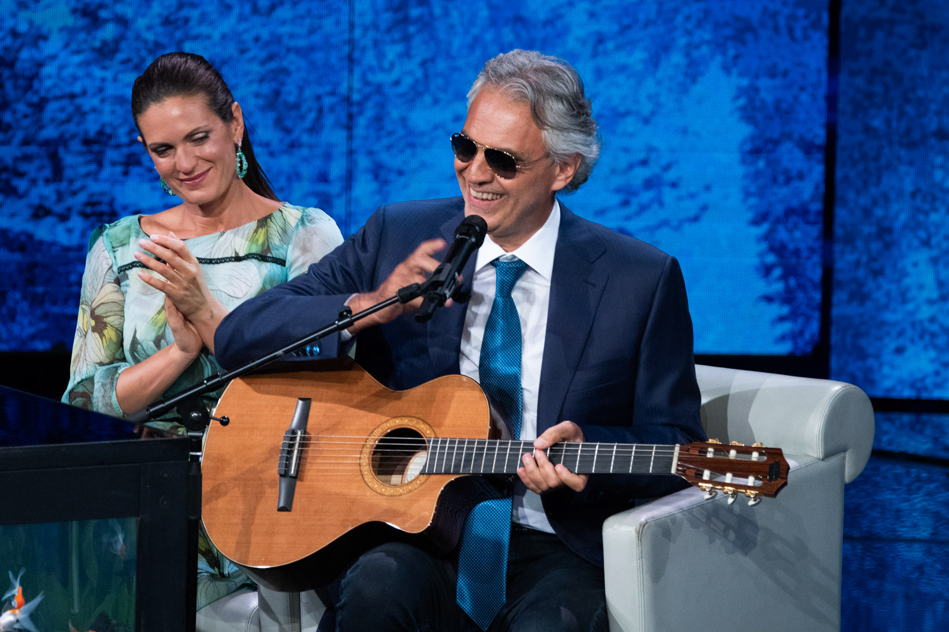Veronica Berti and Andrea Bocelli attends 'Che Tempo Che Fa' tv show on May 6, 2018 in Milan, Italy.