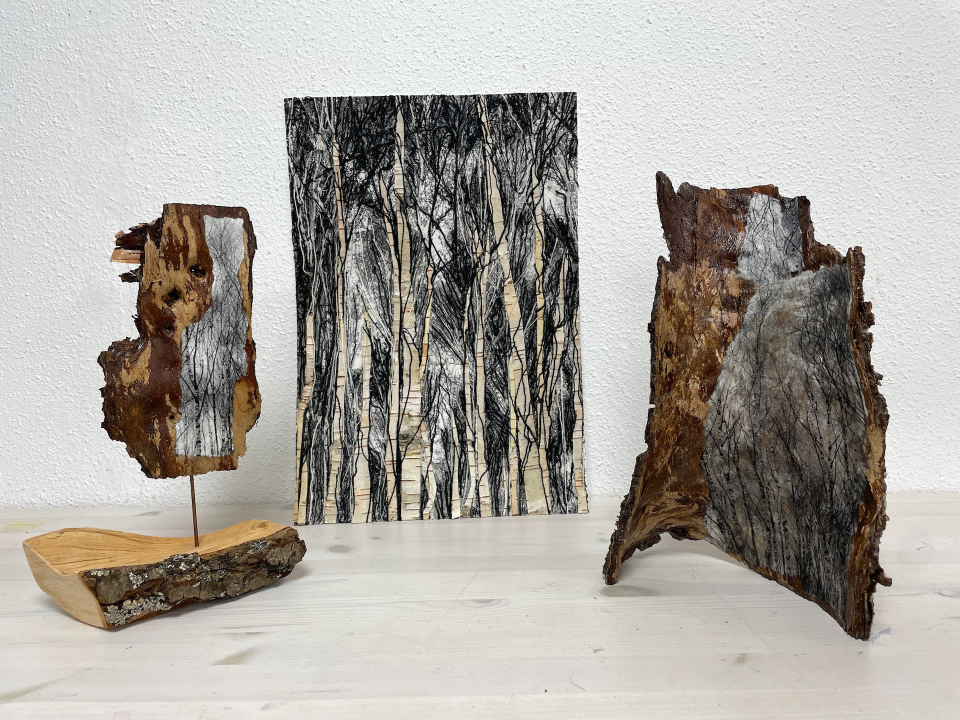 Fotografie bewerkt met boomschors en foto op boomschord