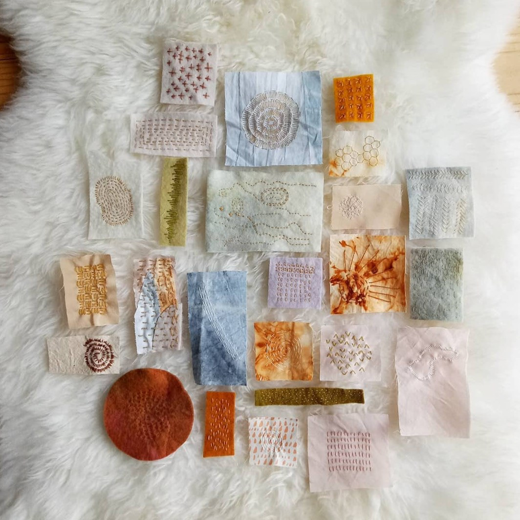 exploration of straight stitch on naturally dyed wool and silk fabrics