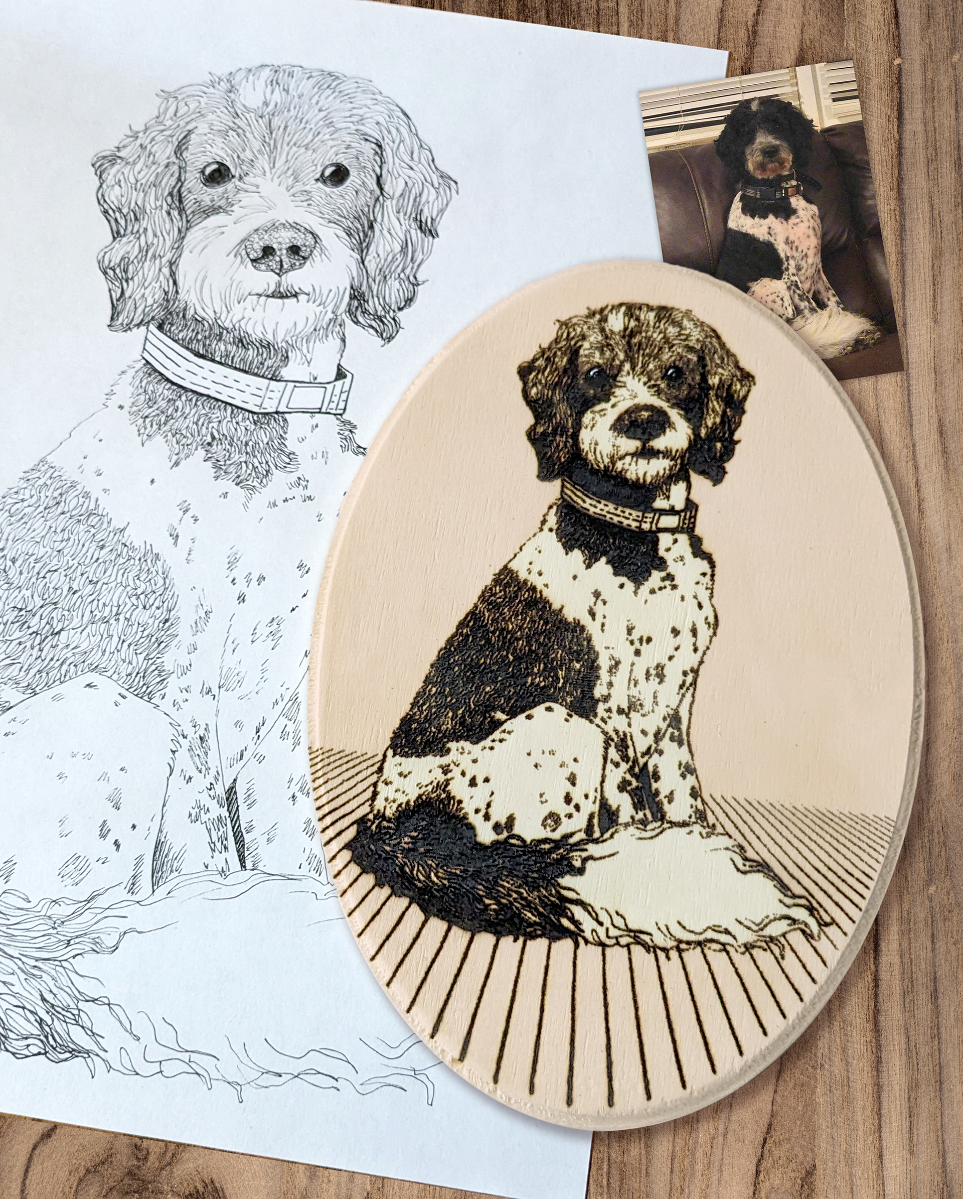 Ink Drawing to CNC Laser Engraved Wooden Plaque