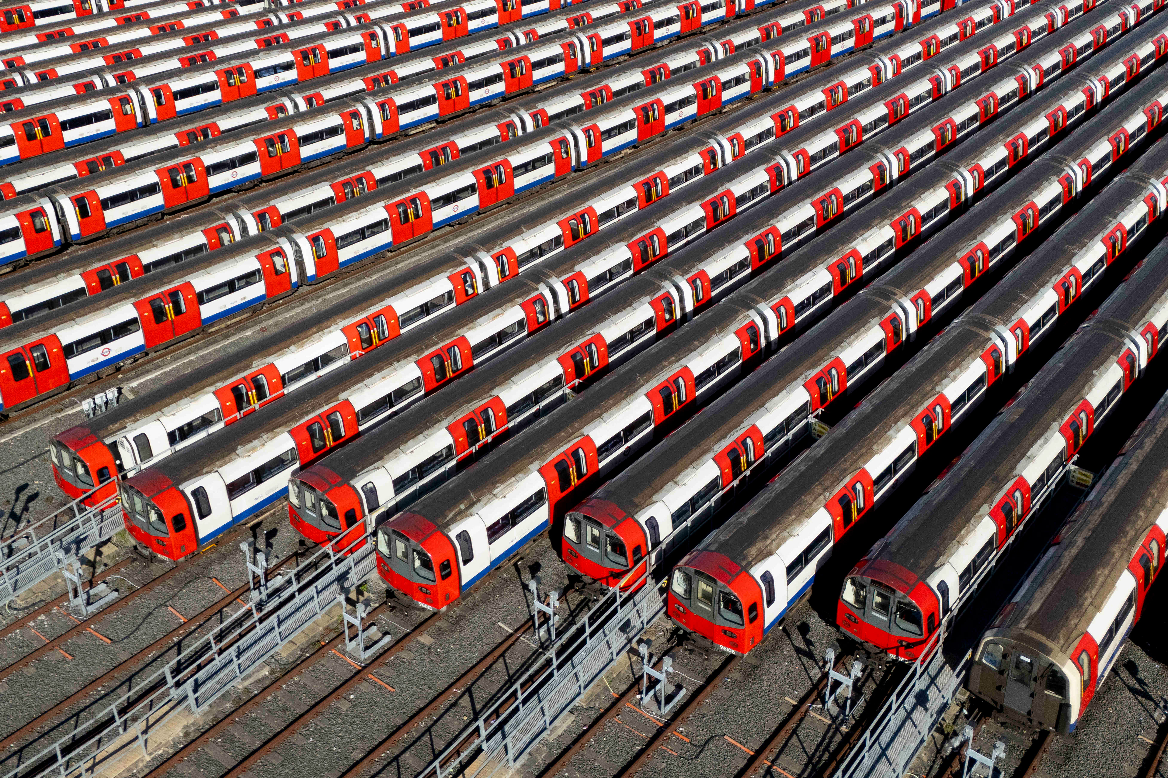 Drone view of parked up Tube trains during 4-day strike